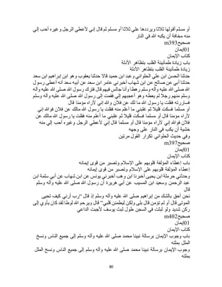 80
‫إلي‬ ‫أحب‬ ‫وغيره‬ ‫الرجل‬ ‫ألعطي‬ ‫إني‬ ‫قال‬ ‫ثم‬ ‫مسلم‬ ‫أو‬ ‫ثالثا‬ ‫علي‬ ‫ويرددها‬ ‫ثالثا‬ ‫أقولها‬ ‫مسلم‬ ‫أو‬
‫يكبه‬ ‫أن‬ ‫مخافة‬ ‫منه‬‫النار‬ ‫في‬ ‫هللا‬
‫صحيح‬m393
01‫إيمان‬
‫اإليمان‬ ‫كتاب‬
‫األدلة‬ ‫بتظاهر‬ ‫القلب‬ ‫طمأنينة‬ ‫زيادة‬ ‫باب‬
‫األدلة‬ ‫بتظاهر‬ ‫القلب‬ ‫طمأنينة‬ ‫زيادة‬
‫سعد‬ ‫ابن‬ ‫إبراهيم‬ ‫ابن‬ ‫وهو‬ ‫يعقوب‬ ‫حدثنا‬ ‫قاال‬ ‫حميد‬ ‫ابن‬ ‫وعبد‬ ‫الحلواني‬ ‫علي‬ ‫ابن‬ ‫الحسن‬ ‫حدثنا‬
‫أب‬ ‫عن‬ ‫سعد‬ ‫ابن‬ ‫عامر‬ ‫أخبرني‬ ‫شهاب‬ ‫ابن‬ ‫عن‬ ‫صالح‬ ‫عن‬ ‫أبي‬ ‫حدثنا‬‫رسول‬ ‫أعطى‬ ‫أنه‬ ‫سعد‬ ‫يه‬
‫وآله‬ ‫عليه‬ ‫هللا‬ ‫صلى‬ ‫هللا‬ ‫رسول‬ ‫فترك‬ ‫قال‬ ‫فيهم‬ ‫جالس‬ ‫وأنا‬ ‫رهطا‬ ‫وسلم‬ ‫وآله‬ ‫عليه‬ ‫هللا‬ ‫صلى‬ ‫هللا‬
‫وسلم‬ ‫وآله‬ ‫عليه‬ ‫هللا‬ ‫صلى‬ ‫هللا‬ ‫رسول‬ ‫إلى‬ ‫فقمت‬ ‫إلي‬ ‫أعجبهم‬ ‫وهو‬ ‫يعطه‬ ‫لم‬ ‫رجال‬ ‫منهم‬ ‫وسلم‬
‫قال‬ ‫مؤمنا‬ ‫ألراه‬ ‫إني‬ ‫وهللا‬ ‫فالن‬ ‫عن‬ ‫لك‬ ‫ما‬ ‫هللا‬ ‫رسول‬ ‫يا‬ ‫فقلت‬ ‫فساررته‬
‫إني‬ ‫فوهللا‬ ‫فالن‬ ‫عن‬ ‫مالك‬ ‫هللا‬ ‫رسول‬ ‫يا‬ ‫فقلت‬ ‫منه‬ ‫أعلم‬ ‫ما‬ ‫غلبني‬ ‫ثم‬ ‫قليال‬ ‫فسكت‬ ‫مسلما‬ ‫أو‬
‫عن‬ ‫مالك‬ ‫هللا‬ ‫رسول‬ ‫يا‬ ‫فقلت‬ ‫منه‬ ‫أعلم‬ ‫ما‬ ‫غلبني‬ ‫ثم‬ ‫قليال‬ ‫فسكت‬ ‫مسلما‬ ‫أو‬ ‫قال‬ ‫مؤمنا‬ ‫ألراه‬
‫منه‬ ‫إلي‬ ‫أحب‬ ‫وغيره‬ ‫الرجل‬ ‫ألعطي‬ ‫إني‬ ‫قال‬ ‫مسلما‬ ‫أو‬ ‫قال‬ ‫مؤمنا‬ ‫ألراه‬ ‫إني‬ ‫فوهللا‬ ‫فالن‬
‫يكب‬ ‫أن‬ ‫خشية‬‫وجهه‬ ‫على‬ ‫النار‬ ‫في‬
‫مرتين‬ ‫القول‬ ‫تكرار‬ ‫الحلواني‬ ‫حديث‬ ‫وفي‬
‫صحيح‬m397
01‫إيمان‬
‫اإليمان‬ ‫كتاب‬
‫إيمانه‬ ‫قوى‬ ‫من‬ ‫وتصبر‬ ‫اإلسالم‬ ‫على‬ ‫قلوبهم‬ ‫المؤلفة‬ ‫إعطاء‬ ‫باب‬
‫إيمانه‬ ‫قوى‬ ‫من‬ ‫وتصبر‬ ‫اإلسالم‬ ‫على‬ ‫قلوبهم‬ ‫المؤلفة‬ ‫إعطاء‬
‫شهاب‬ ‫ابن‬ ‫عن‬ ‫يونس‬ ‫أخبرني‬ ‫وهب‬ ‫ابن‬ ‫أخبرنا‬ ‫يحيى‬ ‫ابن‬ ‫حرملة‬ ‫وحدثني‬‫ابن‬ ‫سلمة‬ ‫أبي‬ ‫عن‬
‫وسلم‬ ‫وآله‬ ‫عليه‬ ‫هللا‬ ‫صلى‬ ‫هللا‬ ‫رسول‬ ‫أن‬ ‫هريرة‬ ‫أبي‬ ‫عن‬ ‫المسيب‬ ‫ابن‬ ‫وسعيد‬ ‫الرحمن‬ ‫عبد‬
‫قال‬
‫قال‬ ‫إذ‬ ‫وسلم‬ ‫وآله‬ ‫عليه‬ ‫هللا‬ ‫صلى‬ ‫إبراهيم‬ ‫من‬ ‫بالشك‬ ‫أحق‬ ‫نحن‬“‫تحيى‬ ‫كيف‬ ‫أرني‬ ‫رب‬
‫قلبي‬ ‫ليطمئن‬ ‫ولكن‬ ‫بلى‬ ‫قال‬ ‫تؤمن‬ ‫لم‬ ‫أو‬ ‫قال‬ ‫الموتى‬”‫إل‬ ‫يأوي‬ ‫كان‬ ‫لقد‬ ‫لوطا‬ ‫هللا‬ ‫ويرحم‬ ‫قال‬‫ى‬
‫الداعي‬ ‫ألجبت‬ ‫يوسف‬ ‫لبث‬ ‫طول‬ ‫السجن‬ ‫في‬ ‫لبثت‬ ‫ولو‬ ‫شديد‬ ‫ركن‬
‫صحيح‬m402
01‫إيمان‬
‫اإليمان‬ ‫كتاب‬
‫ونسخ‬ ‫الناس‬ ‫جميع‬ ‫إلى‬ ‫وسلم‬ ‫وآله‬ ‫عليه‬ ‫هللا‬ ‫صلى‬ ‫محمد‬ ‫نبينا‬ ‫برسالة‬ ‫اإليمان‬ ‫وجوب‬ ‫باب‬
‫بملته‬ ‫الملل‬
‫الملل‬ ‫ونسخ‬ ‫الناس‬ ‫جميع‬ ‫إلى‬ ‫وسلم‬ ‫وآله‬ ‫عليه‬ ‫هللا‬ ‫صلى‬ ‫محمد‬ ‫نبينا‬ ‫برسالة‬ ‫اإليمان‬ ‫وجوب‬
‫بملته‬
 