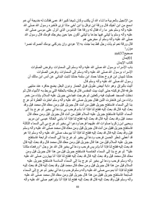 83
‫عم‬ ‫أي‬ ‫خديجة‬ ‫له‬ ‫فقالت‬ ‫عمى‬ ‫قد‬ ‫كبيرا‬ ‫شيخا‬ ‫وكان‬ ‫يكتب‬ ‫أن‬ ‫هللا‬ ‫شاء‬ ‫ما‬ ‫بالعربية‬ ‫اإلنجيل‬ ‫من‬
‫هللا‬ ‫رسول‬ ‫فأخبره‬ ‫ترى‬ ‫ماذا‬ ‫أخي‬ ‫ابن‬ ‫يا‬ ‫نوفل‬ ‫ابن‬ ‫ورقة‬ ‫قال‬ ‫أخيك‬ ‫ابن‬ ‫من‬ ‫اسمع‬‫هللا‬ ‫صلى‬
‫هللا‬ ‫صلى‬ ‫موسى‬ ‫على‬ ‫أنزل‬ ‫الذي‬ ‫الناموس‬ ‫هذا‬ ‫ورقة‬ ‫له‬ ‫فقال‬ ‫رآه‬ ‫ما‬ ‫خبر‬ ‫وسلم‬ ‫وآله‬ ‫عليه‬
‫هللا‬ ‫رسول‬ ‫قال‬ ‫قومك‬ ‫يخرجك‬ ‫حين‬ ‫حيا‬ ‫أكون‬ ‫ليتني‬ ‫يا‬ ‫جذعا‬ ‫فيها‬ ‫ليتني‬ ‫يا‬ ‫وسلم‬ ‫وآله‬ ‫عليه‬
‫هم‬ ‫مخرجي‬ ‫أو‬ ‫وسلم‬ ‫وآله‬ ‫عليه‬ ‫هللا‬ ‫صلى‬
‫وإن‬ ‫عودي‬ ‫إال‬ ‫به‬ ‫جئت‬ ‫بما‬ ‫قط‬ ‫رجل‬ ‫يأت‬ ‫لم‬ ‫نعم‬ ‫ورقة‬ ‫قال‬‫نصرا‬ ‫أنصرك‬ ‫يومك‬ ‫يدركني‬
‫مؤزرا‬
‫صحيح‬m437
01‫إيمان‬
‫اإليمان‬ ‫كتاب‬
‫الصلوات‬ ‫وفرض‬ ‫السماوات‬ ‫إلى‬ ‫وسلم‬ ‫وآله‬ ‫عليه‬ ‫هللا‬ ‫صلى‬ ‫هللا‬ ‫برسول‬ ‫اإلسراء‬ ‫باب‬
‫الصلوات‬ ‫وفرض‬ ‫السماوات‬ ‫إلى‬ ‫وسلم‬ ‫وآله‬ ‫عليه‬ ‫هللا‬ ‫صلى‬ ‫هللا‬ ‫برسول‬ ‫اإلسراء‬
‫ثابت‬ ‫حدثنا‬ ‫سلمة‬ ‫ابن‬ ‫حماد‬ ‫حدثنا‬ ‫فروخ‬ ‫ابن‬ ‫شيبان‬ ‫حدثنا‬‫أن‬ ‫مالك‬ ‫ابن‬ ‫أنس‬ ‫عن‬ ‫البناني‬
‫قال‬ ‫وسلم‬ ‫وآله‬ ‫عليه‬ ‫هللا‬ ‫صلى‬ ‫هللا‬ ‫رسول‬
‫منتهى‬ ‫عند‬ ‫حافره‬ ‫يضع‬ ‫البغل‬ ‫ودون‬ ‫الحمار‬ ‫فوق‬ ‫طويل‬ ‫أبيض‬ ‫دابة‬ ‫وهو‬ ‫بالبراق‬ ‫أتيت‬
‫ثم‬ ‫قال‬ ‫األنبياء‬ ‫به‬ ‫يربط‬ ‫التي‬ ‫بالحلقة‬ ‫فربطته‬ ‫قال‬ ‫المقدس‬ ‫بيت‬ ‫أتيت‬ ‫حتى‬ ‫فركبته‬ ‫قال‬ ‫طرفه‬
‫ثم‬ ‫ركعتين‬ ‫فيه‬ ‫فصليت‬ ‫المسجد‬ ‫دخلت‬‫خمر‬ ‫من‬ ‫بإناء‬ ‫السالم‬ ‫عليه‬ ‫جبريل‬ ‫فجاءني‬ ‫خرجت‬
‫عرج‬ ‫ثم‬ ‫الفطرة‬ ‫اخترت‬ ‫وسلم‬ ‫وآله‬ ‫عليه‬ ‫هللا‬ ‫صلى‬ ‫جبريل‬ ‫فقال‬ ‫اللبن‬ ‫فاخترت‬ ‫لبن‬ ‫من‬ ‫وإناء‬
‫وقد‬ ‫قيل‬ ‫محمد‬ ‫قال‬ ‫معك‬ ‫ومن‬ ‫قيل‬ ‫جبريل‬ ‫قال‬ ‫أنت‬ ‫من‬ ‫فقيل‬ ‫جبريل‬ ‫فاستفتح‬ ‫السماء‬ ‫إلى‬ ‫بنا‬
‫فرحب‬ ‫بآدم‬ ‫أنا‬ ‫فإذا‬ ‫لنا‬ ‫ففتح‬ ‫إليه‬ ‫بعث‬ ‫قد‬ ‫قال‬ ‫إليه‬ ‫بعث‬‫إلى‬ ‫بنا‬ ‫عرج‬ ‫ثم‬ ‫بخير‬ ‫لي‬ ‫ودعا‬ ‫بي‬
‫قال‬ ‫معك‬ ‫ومن‬ ‫قيل‬ ‫جبريل‬ ‫قال‬ ‫أنت‬ ‫من‬ ‫فقيل‬ ‫السالم‬ ‫عليه‬ ‫جبريل‬ ‫فاستفتح‬ ‫الثانية‬ ‫السماء‬
‫مريم‬ ‫ابن‬ ‫عيسى‬ ‫الخالة‬ ‫بابني‬ ‫أنا‬ ‫فإذا‬ ‫لنا‬ ‫ففتح‬ ‫إليه‬ ‫بعث‬ ‫قد‬ ‫قال‬ ‫إليه‬ ‫بعث‬ ‫وقد‬ ‫قيل‬ ‫محمد‬
‫ب‬ ‫عرج‬ ‫ثم‬ ‫بخير‬ ‫لي‬ ‫ودعوا‬ ‫فرحبا‬ ‫عليهما‬ ‫هللا‬ ‫صلوات‬ ‫زكريا‬ ‫ابن‬ ‫ويحيى‬‫الثالثة‬ ‫السماء‬ ‫إلى‬ ‫ي‬
‫وسلم‬ ‫وآله‬ ‫عليه‬ ‫هللا‬ ‫صلى‬ ‫محمد‬ ‫قال‬ ‫معك‬ ‫ومن‬ ‫قيل‬ ‫جبريل‬ ‫قال‬ ‫أنت‬ ‫من‬ ‫فقيل‬ ‫جبريل‬ ‫فاستفتح‬
‫هو‬ ‫إذا‬ ‫وسلم‬ ‫وآله‬ ‫عليه‬ ‫هللا‬ ‫صلى‬ ‫بيوسف‬ ‫أنا‬ ‫فإذا‬ ‫لنا‬ ‫ففتح‬ ‫إليه‬ ‫بعث‬ ‫قد‬ ‫قال‬ ‫إليه‬ ‫بعث‬ ‫وقد‬ ‫قيل‬
‫الرابعة‬ ‫السماء‬ ‫إلى‬ ‫بنا‬ ‫عرج‬ ‫ثم‬ ‫بخير‬ ‫لي‬ ‫ودعا‬ ‫فرحب‬ ‫الحسن‬ ‫شطر‬ ‫أعطي‬ ‫قد‬‫فاستفتح‬
‫قال‬ ‫إليه‬ ‫بعث‬ ‫وقد‬ ‫قال‬ ‫محمد‬ ‫قال‬ ‫معك‬ ‫ومن‬ ‫قيل‬ ‫جبريل‬ ‫قال‬ ‫هذا‬ ‫من‬ ‫قيل‬ ‫السالم‬ ‫عليه‬ ‫جبريل‬
‫وجل‬ ‫عز‬ ‫هللا‬ ‫قال‬ ‫بخير‬ ‫لي‬ ‫ودعا‬ ‫فرحب‬ ‫بإدريس‬ ‫أنا‬ ‫فإذا‬ ‫لنا‬ ‫ففتح‬ ‫إليه‬ ‫بعث‬ ‫قد‬“‫مكانا‬ ‫ورفعناه‬
‫عليا‬”‫ومن‬ ‫قيل‬ ‫جبريل‬ ‫قال‬ ‫هذا‬ ‫من‬ ‫قيل‬ ‫جبريل‬ ‫فاستفتح‬ ‫الخامسة‬ ‫السماء‬ ‫إلى‬ ‫بنا‬ ‫عرج‬ ‫ثم‬
‫مع‬‫عليه‬ ‫هللا‬ ‫صلى‬ ‫بهارون‬ ‫أنا‬ ‫فإذا‬ ‫لنا‬ ‫ففتح‬ ‫إليه‬ ‫بعث‬ ‫قد‬ ‫قال‬ ‫إليه‬ ‫بعث‬ ‫وقد‬ ‫قيل‬ ‫محمد‬ ‫قال‬ ‫ك‬
‫عليه‬ ‫جبريل‬ ‫فاستفتح‬ ‫السادسة‬ ‫السماء‬ ‫إلى‬ ‫بنا‬ ‫عرج‬ ‫ثم‬ ‫بخير‬ ‫لي‬ ‫ودعا‬ ‫فرحب‬ ‫وسلم‬ ‫وآله‬
‫إليه‬ ‫بعث‬ ‫قد‬ ‫قال‬ ‫إليه‬ ‫بعث‬ ‫وقد‬ ‫قيل‬ ‫محمد‬ ‫قال‬ ‫معك‬ ‫ومن‬ ‫قيل‬ ‫جبريل‬ ‫قال‬ ‫هذا‬ ‫من‬ ‫قيل‬ ‫السالم‬
‫فإذا‬ ‫لنا‬ ‫ففتح‬‫السماء‬ ‫إلى‬ ‫عرج‬ ‫ثم‬ ‫بخير‬ ‫لي‬ ‫ودعا‬ ‫فرحب‬ ‫وسلم‬ ‫وآله‬ ‫عليه‬ ‫هللا‬ ‫صلى‬ ‫بموسى‬ ‫أنا‬
‫عليه‬ ‫هللا‬ ‫صلى‬ ‫محمد‬ ‫قال‬ ‫معك‬ ‫ومن‬ ‫قيل‬ ‫جبريل‬ ‫قال‬ ‫هذا‬ ‫من‬ ‫فقيل‬ ‫جبريل‬ ‫فاستفتح‬ ‫السابعة‬
‫وآله‬ ‫عليه‬ ‫هللا‬ ‫صلى‬ ‫بإبراهيم‬ ‫أنا‬ ‫فإذا‬ ‫لنا‬ ‫ففتح‬ ‫إليه‬ ‫بعث‬ ‫قد‬ ‫قال‬ ‫إليه‬ ‫بعث‬ ‫وقد‬ ‫قيل‬ ‫وسلم‬ ‫وآله‬
 