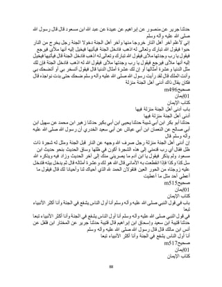 88
‫رسول‬ ‫قال‬ ‫قال‬ ‫مسعود‬ ‫ابن‬ ‫هللا‬ ‫عبد‬ ‫عن‬ ‫عبيدة‬ ‫عن‬ ‫إبراهيم‬ ‫عن‬ ‫منصور‬ ‫عن‬ ‫جرير‬ ‫حدثنا‬‫هللا‬
‫وسلم‬ ‫وآله‬ ‫عليه‬ ‫هللا‬ ‫صلى‬
‫النار‬ ‫من‬ ‫يخرج‬ ‫رجل‬ ‫الجنة‬ ‫دخوال‬ ‫الجنة‬ ‫أهل‬ ‫وآخر‬ ‫منها‬ ‫خروجا‬ ‫النار‬ ‫أهل‬ ‫آخر‬ ‫ألعلم‬ ‫إني‬
‫فيرجع‬ ‫مألى‬ ‫أنها‬ ‫إليه‬ ‫فيخيل‬ ‫فيأتيها‬ ‫الجنة‬ ‫فادخل‬ ‫اذهب‬ ‫له‬ ‫وتعالى‬ ‫تبارك‬ ‫هللا‬ ‫فيقول‬ ‫حبوا‬
‫فادخل‬ ‫اذهب‬ ‫له‬ ‫وتعالى‬ ‫تبارك‬ ‫هللا‬ ‫فيقول‬ ‫مألى‬ ‫وجدتها‬ ‫رب‬ ‫يا‬ ‫فيقول‬‫فيخيل‬ ‫فيأتيها‬ ‫قال‬ ‫الجنة‬
‫لك‬ ‫فإن‬ ‫الجنة‬ ‫فادخل‬ ‫اذهب‬ ‫له‬ ‫هللا‬ ‫فيقول‬ ‫مألى‬ ‫وجدتها‬ ‫رب‬ ‫يا‬ ‫فيقول‬ ‫فيرجع‬ ‫مألى‬ ‫أنها‬ ‫إليه‬
‫بي‬ ‫أتضحك‬ ‫أو‬ ‫بي‬ ‫أتسخر‬ ‫فيقول‬ ‫قال‬ ‫الدنيا‬ ‫أمثال‬ ‫عشرة‬ ‫لك‬ ‫إن‬ ‫أو‬ ‫أمثالها‬ ‫وعشرة‬ ‫الدنيا‬ ‫مثل‬
‫حتى‬ ‫ضحك‬ ‫وسلم‬ ‫وآله‬ ‫عليه‬ ‫هللا‬ ‫صلى‬ ‫هللا‬ ‫رسول‬ ‫رأيت‬ ‫لقد‬ ‫قال‬ ‫الملك‬ ‫وأنت‬‫قال‬ ‫نواجذه‬ ‫بدت‬
‫منزلة‬ ‫الجنة‬ ‫أهل‬ ‫أدنى‬ ‫ذاك‬ ‫يقال‬ ‫فكان‬
‫صحيح‬m496
01‫إيمان‬
‫اإليمان‬ ‫كتاب‬
‫فيها‬ ‫منزلة‬ ‫الجنة‬ ‫أهل‬ ‫أدنى‬ ‫باب‬
‫فيها‬ ‫منزلة‬ ‫الجنة‬ ‫أهل‬ ‫أدنى‬
‫ابن‬ ‫سهيل‬ ‫عن‬ ‫محمد‬ ‫ابن‬ ‫زهير‬ ‫حدثنا‬ ‫بكير‬ ‫أبي‬ ‫ابن‬ ‫يحيى‬ ‫حدثنا‬ ‫شيبة‬ ‫أبي‬ ‫ابن‬ ‫بكر‬ ‫أبو‬ ‫حدثنا‬
‫عن‬ ‫عياج‬ ‫أبي‬ ‫ابن‬ ‫النعمان‬ ‫عن‬ ‫صالح‬ ‫أبي‬‫عليه‬ ‫هللا‬ ‫صلى‬ ‫هللا‬ ‫رسول‬ ‫أن‬ ‫الخدري‬ ‫سعيد‬ ‫أبي‬
‫قال‬ ‫وسلم‬ ‫وآله‬
‫ذات‬ ‫شجرة‬ ‫له‬ ‫ومثل‬ ‫الجنة‬ ‫قبل‬ ‫النار‬ ‫عن‬ ‫وجهه‬ ‫هللا‬ ‫صرف‬ ‫رجل‬ ‫منزلة‬ ‫الجنة‬ ‫أهل‬ ‫أدنى‬ ‫إن‬
‫ابن‬ ‫حديث‬ ‫بنحو‬ ‫الحديث‬ ‫وساق‬ ‫ظلها‬ ‫في‬ ‫أكون‬ ‫الشجرة‬ ‫هذه‬ ‫إلى‬ ‫قدمني‬ ‫رب‬ ‫أي‬ ‫فقال‬ ‫ظل‬
‫منك‬ ‫يصريني‬ ‫ما‬ ‫آدم‬ ‫ابن‬ ‫يا‬ ‫فيقول‬ ‫يذكر‬ ‫ولم‬ ‫مسعود‬‫هللا‬ ‫ويذكره‬ ‫فيه‬ ‫وزاد‬ ‫الحديث‬ ‫آخر‬ ‫إلى‬
‫فتدخل‬ ‫بيته‬ ‫يدخل‬ ‫ثم‬ ‫قال‬ ‫أمثاله‬ ‫وعشرة‬ ‫لك‬ ‫هو‬ ‫هللا‬ ‫قال‬ ‫األماني‬ ‫به‬ ‫انقطعت‬ ‫فإذا‬ ‫وكذا‬ ‫كذا‬ ‫سل‬
‫ما‬ ‫فيقول‬ ‫قال‬ ‫لك‬ ‫وأحيانا‬ ‫لنا‬ ‫أحياك‬ ‫الذي‬ ‫هلل‬ ‫الحمد‬ ‫فتقوالن‬ ‫العين‬ ‫الحور‬ ‫من‬ ‫زوجتاه‬ ‫عليه‬
‫أعطيت‬ ‫ما‬ ‫مثل‬ ‫أحد‬ ‫أعطي‬
‫صحيح‬m515
01‫إيمان‬
‫اإليما‬ ‫كتاب‬‫ن‬
‫األنبياء‬ ‫أكثر‬ ‫وأنا‬ ‫الجنة‬ ‫في‬ ‫يشفع‬ ‫الناس‬ ‫أول‬ ‫أنا‬ ‫وسلم‬ ‫وآله‬ ‫عليه‬ ‫هللا‬ ‫صلى‬ ‫النبي‬ ‫قول‬ ‫في‬ ‫باب‬
‫تبعا‬
‫تبعا‬ ‫األنبياء‬ ‫أكثر‬ ‫وأنا‬ ‫الجنة‬ ‫في‬ ‫يشفع‬ ‫الناس‬ ‫أول‬ ‫أنا‬ ‫وسلم‬ ‫وآله‬ ‫عليه‬ ‫هللا‬ ‫صلى‬ ‫النبي‬ ‫قول‬ ‫في‬
‫المختار‬ ‫عن‬ ‫جرير‬ ‫حدثنا‬ ‫قتيبة‬ ‫قال‬ ‫إبراهيم‬ ‫ابن‬ ‫وإسحاق‬ ‫سعيد‬ ‫ابن‬ ‫قتيبة‬ ‫حدثنا‬‫عن‬ ‫فلفل‬ ‫ابن‬
‫وسلم‬ ‫وآله‬ ‫عليه‬ ‫هللا‬ ‫صلى‬ ‫هللا‬ ‫رسول‬ ‫قال‬ ‫قال‬ ‫مالك‬ ‫ابن‬ ‫أنس‬
‫تبعا‬ ‫األنبياء‬ ‫أكثر‬ ‫وأنا‬ ‫الجنة‬ ‫في‬ ‫يشفع‬ ‫الناس‬ ‫أول‬ ‫أنا‬
‫صحيح‬m517
01‫إيمان‬
‫اإليمان‬ ‫كتاب‬
 