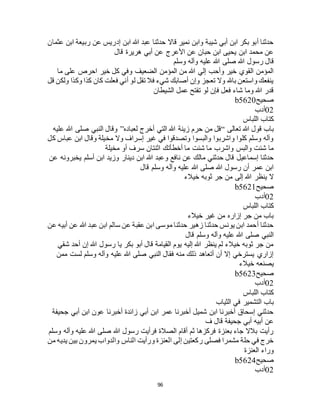 96
‫عثمان‬ ‫ابن‬ ‫ربيعة‬ ‫عن‬ ‫إدريس‬ ‫ابن‬ ‫هللا‬ ‫عبد‬ ‫حدثنا‬ ‫قاال‬ ‫نمير‬ ‫وابن‬ ‫شيبة‬ ‫أبي‬ ‫ابن‬ ‫بكر‬ ‫أبو‬ ‫حدثنا‬
‫قال‬ ‫هريرة‬ ‫أبي‬ ‫عن‬ ‫األعرج‬ ‫عن‬ ‫حبان‬ ‫ابن‬ ‫يحيى‬ ‫ابن‬ ‫محمد‬ ‫عن‬
‫هللا‬ ‫رسول‬ ‫قال‬‫وسلم‬ ‫وآله‬ ‫عليه‬ ‫هللا‬ ‫صلى‬
‫ما‬ ‫على‬ ‫احرص‬ ‫خير‬ ‫كل‬ ‫وفي‬ ‫الضعيف‬ ‫المؤمن‬ ‫من‬ ‫هللا‬ ‫إلي‬ ‫وأحب‬ ‫خير‬ ‫القوي‬ ‫المؤمن‬
‫قل‬ ‫ولكن‬ ‫وكذا‬ ‫كذا‬ ‫كان‬ ‫فعلت‬ ‫أني‬ ‫لو‬ ‫تقل‬ ‫فال‬ ‫شيء‬ ‫أصابك‬ ‫وإن‬ ‫تعجز‬ ‫وال‬ ‫باهلل‬ ‫واستعن‬ ‫ينفعك‬
‫الشيطان‬ ‫عمل‬ ‫تفتح‬ ‫لو‬ ‫فإن‬ ‫فعل‬ ‫شاء‬ ‫وما‬ ‫هللا‬ ‫قدر‬
‫صحيح‬b5620
02‫أدب‬
‫اللباس‬ ‫كتاب‬
‫تعالى‬ ‫هللا‬ ‫قول‬ ‫باب‬“‫لعباده‬ ‫أخرج‬ ‫التي‬ ‫هللا‬ ‫زينة‬ ‫حرم‬ ‫من‬ ‫قل‬”‫عليه‬ ‫هللا‬ ‫صلى‬ ‫النبي‬ ‫وقال‬
‫كل‬ ‫عباس‬ ‫ابن‬ ‫وقال‬ ‫مخيلة‬ ‫وال‬ ‫إسراف‬ ‫غير‬ ‫في‬ ‫وتصدقوا‬ ‫والبسوا‬ ‫واشربوا‬ ‫كلوا‬ ‫وسلم‬ ‫وآله‬
‫مخيلة‬ ‫أو‬ ‫سرف‬ ‫اثنتان‬ ‫أخطأتك‬ ‫ما‬ ‫شئت‬ ‫ما‬ ‫واشرب‬ ‫والبس‬ ‫شئت‬ ‫ما‬
‫و‬ ‫نافع‬ ‫عن‬ ‫مالك‬ ‫حدثني‬ ‫قال‬ ‫إسماعيل‬ ‫حدثنا‬‫عن‬ ‫يخبرونه‬ ‫أسلم‬ ‫ابن‬ ‫وزيد‬ ‫دينار‬ ‫ابن‬ ‫هللا‬ ‫عبد‬
‫قال‬ ‫وسلم‬ ‫وآله‬ ‫عليه‬ ‫هللا‬ ‫صلى‬ ‫هللا‬ ‫رسول‬ ‫أن‬ ‫عمر‬ ‫ابن‬
‫خيالء‬ ‫ثوبه‬ ‫جر‬ ‫من‬ ‫إلى‬ ‫هللا‬ ‫ينظر‬ ‫ال‬
‫صحيح‬b5621
02‫أدب‬
‫اللباس‬ ‫كتاب‬
‫خيالء‬ ‫غير‬ ‫من‬ ‫إزاره‬ ‫جر‬ ‫من‬ ‫باب‬
‫هللا‬ ‫عبد‬ ‫ابن‬ ‫سالم‬ ‫عن‬ ‫عقبة‬ ‫ابن‬ ‫موسى‬ ‫حدثنا‬ ‫زهير‬ ‫حدثنا‬ ‫يونس‬ ‫ابن‬ ‫أحمد‬ ‫حدثنا‬‫عن‬ ‫أبيه‬ ‫عن‬
‫قال‬ ‫وسلم‬ ‫وآله‬ ‫عليه‬ ‫هللا‬ ‫صلى‬ ‫النبي‬
‫شقي‬ ‫أحد‬ ‫إن‬ ‫هللا‬ ‫رسول‬ ‫يا‬ ‫بكر‬ ‫أبو‬ ‫قال‬ ‫القيامة‬ ‫يوم‬ ‫إليه‬ ‫هللا‬ ‫ينظر‬ ‫لم‬ ‫خيالء‬ ‫ثوبه‬ ‫جر‬ ‫من‬
‫ممن‬ ‫لست‬ ‫وسلم‬ ‫وآله‬ ‫عليه‬ ‫هللا‬ ‫صلى‬ ‫النبي‬ ‫فقال‬ ‫منه‬ ‫ذلك‬ ‫أتعاهد‬ ‫أن‬ ‫إال‬ ‫يسترخي‬ ‫إزاري‬
‫خيالء‬ ‫يصنعه‬
‫صحيح‬b5623
02‫أدب‬
‫اللباس‬ ‫كتاب‬
‫باب‬‫الثياب‬ ‫في‬ ‫التشمير‬
‫جحيفة‬ ‫أبي‬ ‫ابن‬ ‫عون‬ ‫أخبرنا‬ ‫زائدة‬ ‫أبي‬ ‫ابن‬ ‫عمر‬ ‫أخبرنا‬ ‫شميل‬ ‫ابن‬ ‫أخبرنا‬ ‫إسحاق‬ ‫حدثني‬
‫ف‬ ‫قال‬ ‫جحيفة‬ ‫أبي‬ ‫أبيه‬ ‫عن‬
‫وسلم‬ ‫وآله‬ ‫عليه‬ ‫هللا‬ ‫صلى‬ ‫هللا‬ ‫رسول‬ ‫فرأيت‬ ‫الصالة‬ ‫أقام‬ ‫ثم‬ ‫فركزها‬ ‫بعنزة‬ ‫جاء‬ ‫بالال‬ ‫رأيت‬
‫الناس‬ ‫ورأيت‬ ‫العنزة‬ ‫إلى‬ ‫ركعتين‬ ‫فصلى‬ ‫مشمرا‬ ‫حلة‬ ‫في‬ ‫خرج‬‫من‬ ‫يديه‬ ‫بين‬ ‫يمرون‬ ‫والدواب‬
‫العنزة‬ ‫وراء‬
‫صحيح‬b5624
02‫أدب‬
 