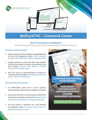 3101 N Federal Hwy #400, Fort Lauderdale, FL 33306 | www.biotrack.com | 800.797.4711 tel | 954.206.0200 fax
BioTrackTHC - Command Center
Real Time Business Intelligence
Built to make operational analysis and employee management faster and easier to understand.
Employee Activity Analysis
•	 Assign, manage, and review employee responsibilities with
the new Task Management feature. Notify employees
through Email, or BioTrackthc internal messaging system.
•	 Evaluate performance metrics like Sales, Hours Worked,
and Discounts granted to identify winning products and
team members. Compare Daily, Weekly, or Monthly
activity with informative graphs.
•	 Real Time access to Inbound/Outbound Transfers for
complete operationalvisibility. Calendardisplays Purchase
Orders, Transfers, and Shipments.
Enhanced Data Visualization
•	 Live BioTrackTHC system data is used to generate
illustrative graphs; that’s business intelligence on demand.
•	 Review sales by Product or Inventory type and identify sell
through rates to optimize reorder points. Displays Average
Sold Daily, Remaining Product, and suggested Reorder.
•	 Use data analysis to determine your most important
and profitable vendors. Total Sales, Average Ticket, and
Remaining Inventory by vendor.
MOBILE FRIENDLY
MULTI DEVICE SUPPORT
USER FRIENDLY AND INTUITIVE
24/7 ACCESS
EXPORT REPORTS - CSV, EXCEL, PDF
WWW.BIOTRACK.COM/MJBIZCON
COMMAND AND CONTROL
YOUR BUSINESS
 