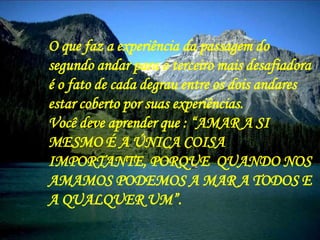 O que faz a experiência da passagem do
segundo andar para o terceiro mais desafiadora
é o fato de cada degrau entre os dois andares
estar coberto por suas experiências.
Você deve aprender que : “AMAR A SI
MESMO É A ÚNICA COISA
IMPORTANTE, PORQUE QUANDO NOS
AMAMOS PODEMOS A MAR A TODOS E
A QUALQUER UM”.
 