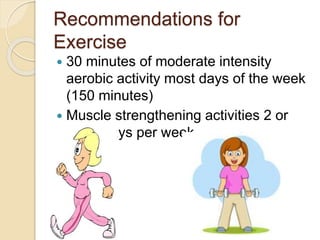 Recommendations for
Exercise
 30 minutes of moderate intensity
aerobic activity most days of the week
(150 minutes)
 Muscle strengthening activities 2 or
more days per week
 