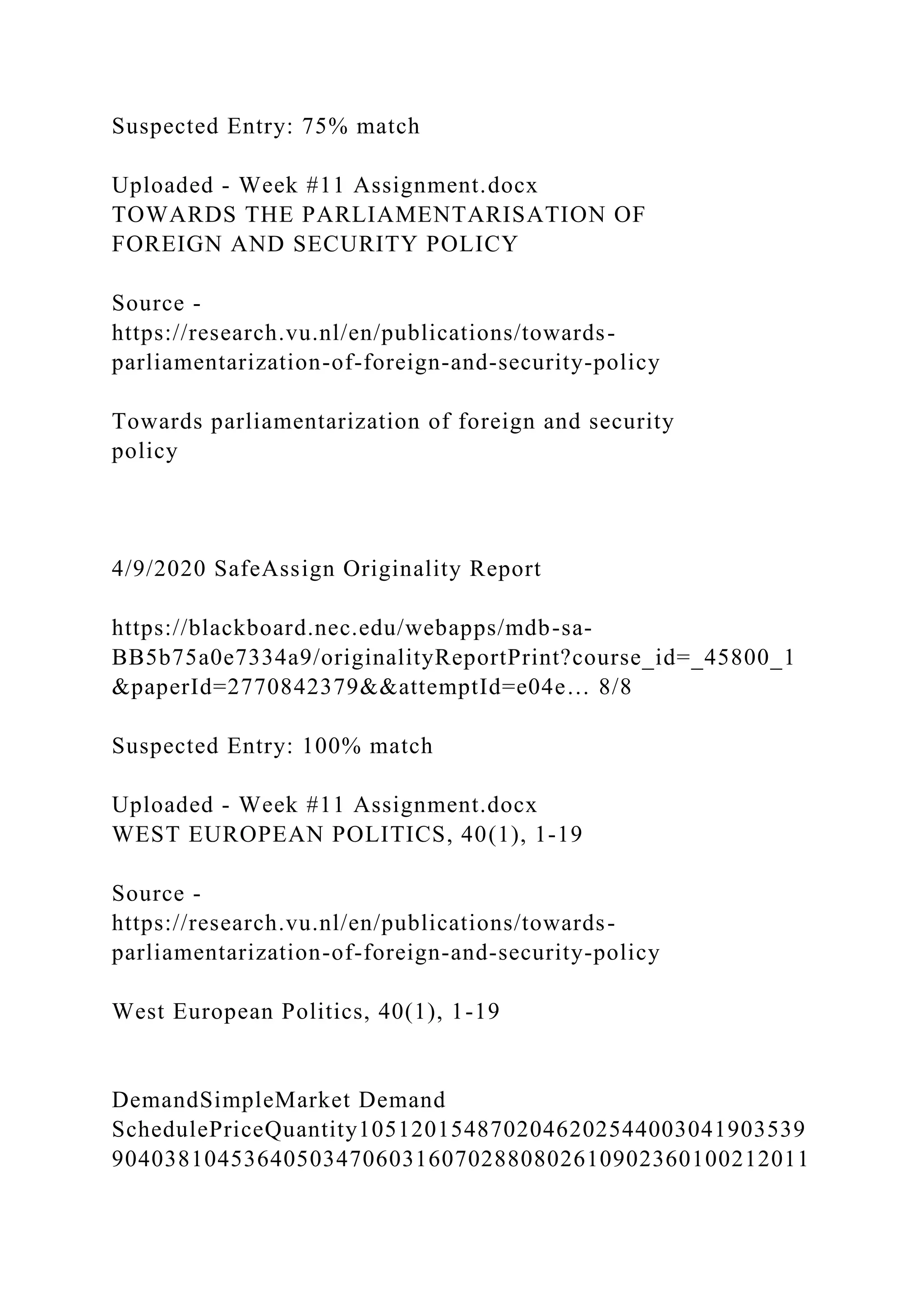 Suspected Entry: 75% match
Uploaded - Week #11 Assignment.docx
TOWARDS THE PARLIAMENTARISATION OF
FOREIGN AND SECURITY POLICY
Source -
https://research.vu.nl/en/publications/towards-
parliamentarization-of-foreign-and-security-policy
Towards parliamentarization of foreign and security
policy
4/9/2020 SafeAssign Originality Report
https://blackboard.nec.edu/webapps/mdb-sa-
BB5b75a0e7334a9/originalityReportPrint?course_id=_45800_1
&paperId=2770842379&&attemptId=e04e… 8/8
Suspected Entry: 100% match
Uploaded - Week #11 Assignment.docx
WEST EUROPEAN POLITICS, 40(1), 1-19
Source -
https://research.vu.nl/en/publications/towards-
parliamentarization-of-foreign-and-security-policy
West European Politics, 40(1), 1-19
DemandSimpleMarket Demand
SchedulePriceQuantity1051201548702046202544003041903539
90403810453640503470603160702880802610902360100212011
 