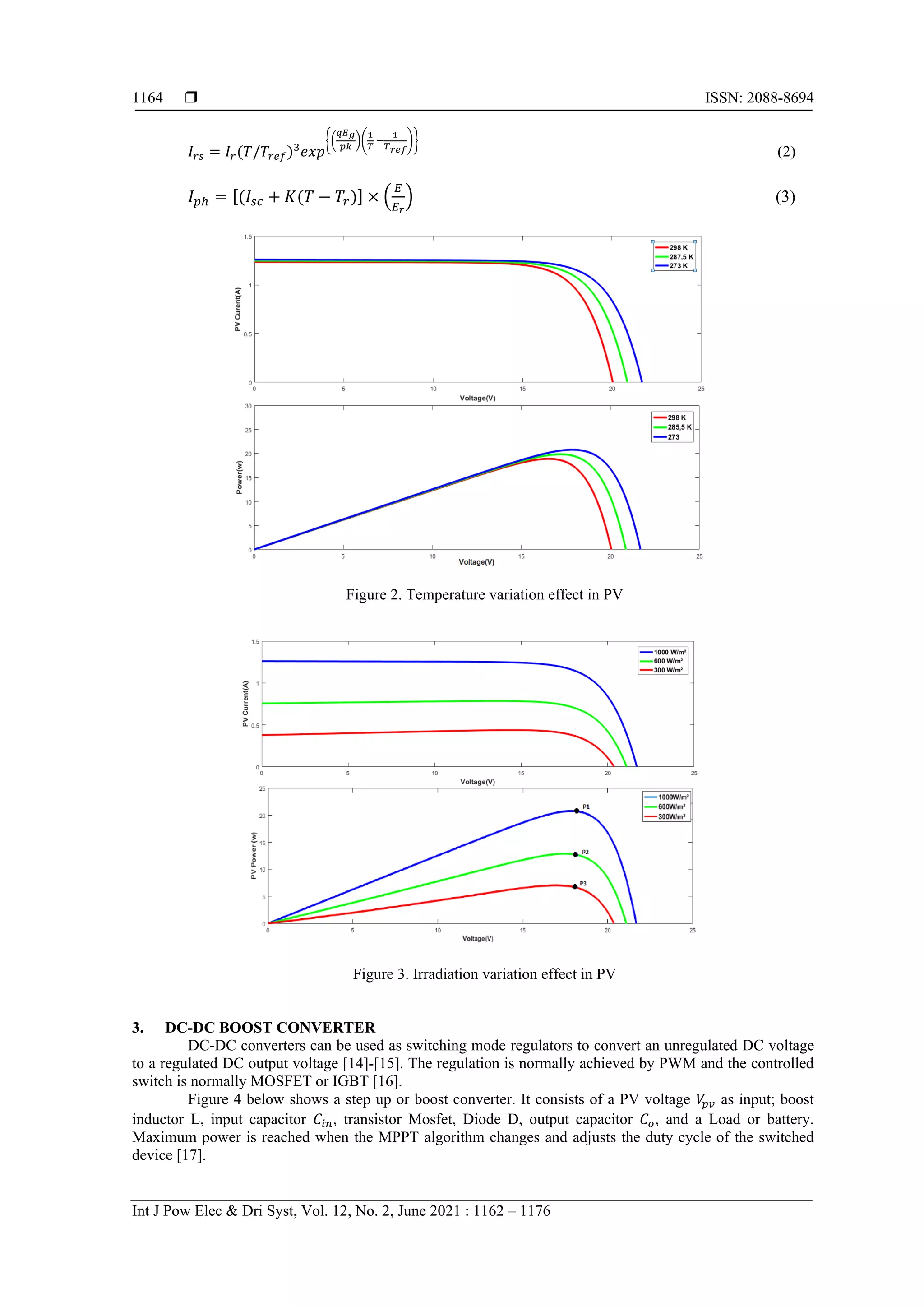  ISSN: 2088-8694 Int J Pow Elec & Dri Syst, Vol. 12, No. 2, June 2021 : 1162 – 1176 1164 𝐼𝑟𝑠 = 𝐼𝑟(𝑇/𝑇𝑟𝑒𝑓)3 𝑒𝑥𝑝 {( 𝑞𝐸𝑔 𝑝𝑘 )( 1 𝑇 − 1 𝑇𝑟𝑒𝑓 )} (2) 𝐼𝑝ℎ = [(𝐼𝑠𝑐 + 𝐾(𝑇 − 𝑇𝑟)] × ( 𝐸 𝐸𝑟 ) (3) Figure 2. Temperature variation effect in PV Figure 3. Irradiation variation effect in PV 3. DC-DC BOOST CONVERTER DC-DC converters can be used as switching mode regulators to convert an unregulated DC voltage to a regulated DC output voltage [14]-[15]. The regulation is normally achieved by PWM and the controlled switch is normally MOSFET or IGBT [16]. Figure 4 below shows a step up or boost converter. It consists of a PV voltage 𝑉 𝑝𝑣 as input; boost inductor L, input capacitor 𝐶𝑖𝑛, transistor Mosfet, Diode D, output capacitor 𝐶𝑜, and a Load or battery. Maximum power is reached when the MPPT algorithm changes and adjusts the duty cycle of the switched device [17]. 