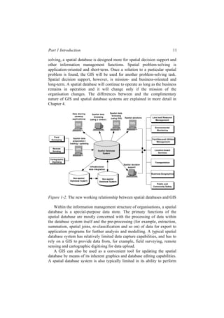 Part 1 Introduction 11
solving, a spatial database is designed more for spatial decision support and
other information management functions. Spatial problem-solving is
application-oriented and short-term. Once a solution to a particular spatial
problem is found, the GIS will be used for another problem-solving task.
Spatial decision support, however, is mission- and business-oriented and
long-term. A spatial database will continue to operate as long as the business
remains in operation and it will change only if the mission of the
organisation changes. The differences between and the complimentary
nature of GIS and spatial database systems are explained in more detail in
Chapter 4.
Spatial Database
System
GIS
Field
Surveying
Remote
Sensing
Cartographic
Digitising
GIS GIS
Non-spatial
Database System
Spatial data
preparation /
loading / updating
Spatial data
browsing
(using a viewer)
Spatial data
browsing
(using GIS)
Spatial decision
support
GIS
Data sharing
(desktop
applications)
Infrastructural
data integration
Land and Resource
Management
Environmental
Monitoring
Facilities and Utilities
Management
Location-based
Services
Transportation
Business Geographics
Public and
Community Safety
Spatial solutions
Non-spatial
Database System
Figure 1-2. The new working relationship between spatial databases and GIS
Within the information management structure of organisations, a spatial
database is a special-purpose data store. The primary functions of the
spatial database are mostly concerned with the processing of data within
the database system itself and the pre-processing (for example, extraction,
summation, spatial joins, re-classification and so on) of data for export to
application programs for further analysis and modelling. A typical spatial
database system has relatively limited data capture capabilities, and has to
rely on a GIS to provide data from, for example, field surveying, remote
sensing and cartographic digitising for data upload.
A GIS can also be used as a convenient tool for updating the spatial
database by means of its inherent graphics and database editing capabilities.
A spatial database system is also typically limited in its ability to perform
 