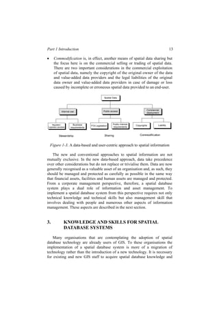 Part 1 Introduction 13
• Commodification is, in effect, another means of spatial data sharing but
the focus here is on the commercial selling or trading of spatial data.
There are two important considerations in the commercial exploitation
of spatial data, namely the copyright of the original owner of the data
and value-added data providers and the legal liabilities of the original
data owner and value-added data providers in case of damage or loss
caused by incomplete or erroneous spatial data provided to an end-user.
Spatial Data
Internal use Public access
Commercial
deployment
Business
requirements
FOI Legislation
Public interest
requirements
Copyrights Liability
Stewardship Sharing Commodification
Regulated /
Legislated mandates
Figure 1-3. A data-based and user-centric approach to spatial information
The new and conventional approaches to spatial information are not
mutually exclusive. In the new data-based approach, data take precedence
over other considerations but do not replace or trivialise them. Data are now
generally recognised as a valuable asset of an organisation and, as such, they
should be managed and protected as carefully as possible in the same way
that financial assets, facilities and human assets are managed and protected.
From a corporate management perspective, therefore, a spatial database
system plays a dual role of information and asset management. To
implement a spatial database system from this perspective requires not only
technical knowledge and technical skills but also management skill that
involves dealing with people and numerous other aspects of information
management. These aspects are described in the next section.
3. KNOWLEDGE AND SKILLS FOR SPATIAL
DATABASE SYSTEMS
Many organisations that are contemplating the adoption of spatial
database technology are already users of GIS. To these organisations the
implementation of a spatial database system is more of a migration of
technology rather than the introduction of a new technology. It is necessary
for existing and new GIS staff to acquire spatial database knowledge and
 