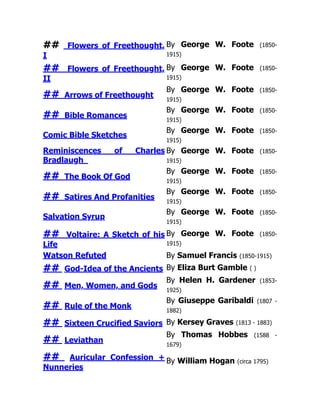 ## Flowers of Freethought,
I
By George W. Foote (1850-
1915)
## Flowers of Freethought,
II
By George W. Foote (1850-
1915)
## Arrows of Freethought
By George W. Foote (1850-
1915)
## Bible Romances
By George W. Foote (1850-
1915)
Comic Bible Sketches
By George W. Foote (1850-
1915)
Reminiscences of Charles
Bradlaugh
By George W. Foote (1850-
1915)
## The Book Of God
By George W. Foote (1850-
1915)
## Satires And Profanities
By George W. Foote (1850-
1915)
Salvation Syrup
By George W. Foote (1850-
1915)
## Voltaire: A Sketch of his
Life
By George W. Foote (1850-
1915)
Watson Refuted By Samuel Francis (1850-1915)
## God-Idea of the Ancients By Eliza Burt Gamble ( )
## Men, Women, and Gods
By Helen H. Gardener (1853-
1925)
## Rule of the Monk
By Giuseppe Garibaldi (1807 -
1882)
## Sixteen Crucified Saviors By Kersey Graves (1813 - 1883)
## Leviathan
By Thomas Hobbes (1588 -
1679)
## Auricular Confession +
Nunneries
By William Hogan (circa 1795)
 