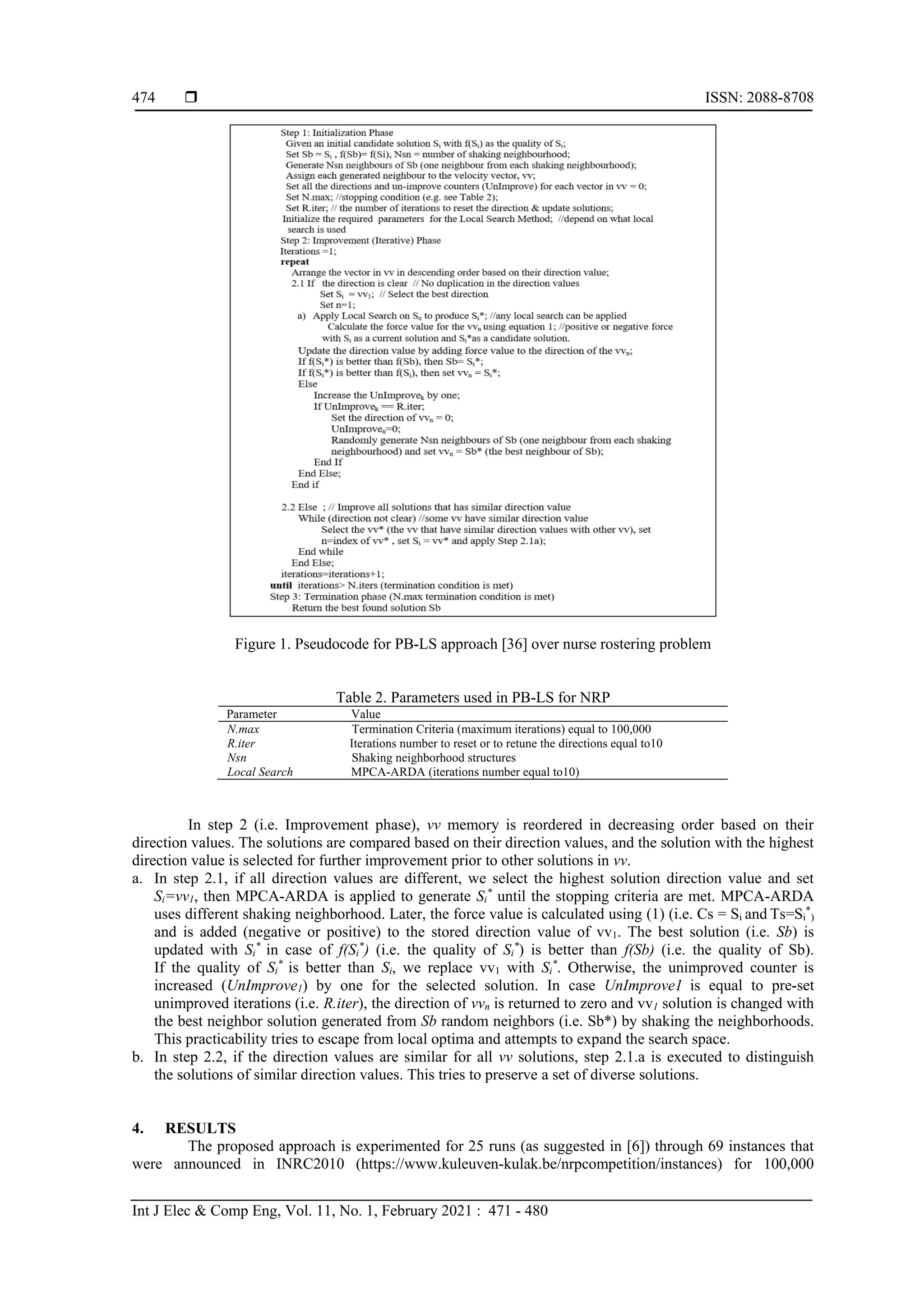  ISSN: 2088-8708
Int J Elec & Comp Eng, Vol. 11, No. 1, February 2021 : 471 - 480
474
Figure 1. Pseudocode for PB-LS approach [36] over nurse rostering problem
Table 2. Parameters used in PB-LS for NRP
Parameter Value
N.max Termination Criteria (maximum iterations) equal to 100,000
R.iter Iterations number to reset or to retune the directions equal to10
Nsn Shaking neighborhood structures
Local Search MPCA-ARDA (iterations number equal to10)
In step 2 (i.e. Improvement phase), vv memory is reordered in decreasing order based on their
direction values. The solutions are compared based on their direction values, and the solution with the highest
direction value is selected for further improvement prior to other solutions in vv.
a. In step 2.1, if all direction values are different, we select the highest solution direction value and set
Si=vv1, then MPCA-ARDA is applied to generate Si
*
until the stopping criteria are met. MPCA-ARDA
uses different shaking neighborhood. Later, the force value is calculated using (1) (i.e. Cs = Si and Ts=Si
*
)
and is added (negative or positive) to the stored direction value of vv1. The best solution (i.e. Sb) is
updated with Si
*
in case of f(Si
*
) (i.e. the quality of Si
*
) is better than f(Sb) (i.e. the quality of Sb).
If the quality of Si
*
is better than Si, we replace vv1 with Si
*
. Otherwise, the unimproved counter is
increased (UnImprove1) by one for the selected solution. In case UnImprove1 is equal to pre-set
unimproved iterations (i.e. R.iter), the direction of vvn is returned to zero and vv1 solution is changed with
the best neighbor solution generated from Sb random neighbors (i.e. Sb*) by shaking the neighborhoods.
This practicability tries to escape from local optima and attempts to expand the search space.
b. In step 2.2, if the direction values are similar for all vv solutions, step 2.1.a is executed to distinguish
the solutions of similar direction values. This tries to preserve a set of diverse solutions.
4. RESULTS
The proposed approach is experimented for 25 runs (as suggested in [6]) through 69 instances that
were announced in INRC2010 (https://www.kuleuven-kulak.be/nrpcompetition/instances) for 100,000
 