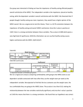 34
Our group was interested in finding out how the importance of healthy eating affected people's
overall satisfaction of the WREC. The independent variable is the importance placed on healthy
eating, while the dependant variable it overall satisfaction with the WREC. We theorized that if
people thought healthy eating was more important, they would have a higher opinion of the
WREC overall. We ran a regression to test this theory. There is a 10.7% correlation between the
importance of healthy eating and overall WREC satisfaction. Since the t-value is positive at
3.667, there is a strong correlation between these variables. The p-value is 0.000 which gives a
very high level of significance. With this information we can say that healthy eating causes
higher satisfaction with the WREC. (Q25 & Q17)
Table #25:
Model Summary
Model R R Square
Adjusted R
Square
Std. Error of the
Estimate
1 .330a
.109 .100 .965
a. Predictors:(Constant),weightroom use per week
Table #25 (continued):
Coefficientsa
Model
Unstandardized Coefficients
Standardized
Coefficients
t Sig.B Std. Error Beta
1 (Constant) 3.885 .180 21.581 .000
weightroom use per week .246 .069 .330 3.543 .001
a. DependentVariable:comfortable going alone
We ran a regression analysis comparing comfortability with going to the WREC alone as our
dependent variable contrasted with how often they use the weight room per week as the
independent variable. We expected to find that the less someone uses the weight room, the
less comfortable they are going to the WREC alone. The p-value is less than 0.10, making the
relationship between the two variables statistically significant, and since the t-value is positive
at 3.543 this means that there is a strong correlation. We found that our hypothesis was correct
 