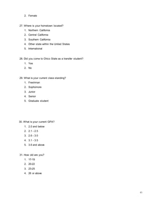 45
2. Female
27. Where is your hometown located?
1. Northern California
2. Central California
3. Southern California
4. Other state within the United States
5. International
28. Did you come to Chico State as a transfer student?
1. Yes
2. No
29. What is your current class standing?
1. Freshman
2. Sophomore
3. Junior
4. Senior
5. Graduate student
30. What is your current GPA?
1. 2.0 and below
2. 2.1 - 2.5
3. 2.6 - 3.0
4. 3.1 - 3.5
5. 3.6 and above
31. How old are you?
1. 17-19
2. 20-22
3. 23-25
4. 26 or above
 