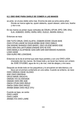 8.2. EBO ISHE PARA DARLE DE COMER A LAS MANOS
se pinta en el piso doble oshe meji. Encima de esto se echa arena añari.
Donde se marca ogbe ka, ojuani alakentu, ojuani alawan, oshe tura, ikashe
y otur a sa.
En las manos se pintan rayas verticales de OSUN y EFUN, EPO, ORI, EKU,
EJA, AGBADO, EKRU, EKRU ARO, OLELE, AKARA ADALU.
Entonces se reza:
OMI TUTO ORUN, OWO ALAFIA, OGBARI DOWE OGUN ISHE
OWO OTUN LASHE NI OGUN MOBA ISHE OWO OMILO
ONI WASHE SHANGO OWO BAWO, OSO LELESE BAWO ESE
OWO ARA ENI LAFITUNWA ENISHE EPO NI AYE
OWO BANILA OLOFINESE GAN GIRI GIRI MAFARAWO KUNAWA
LOSO ASHE
OSA KURO IRE LOWOSHE.
Entonces se le da el animal que este haya perdido y con una OWO LADA
(moneda) den las manso. Se limpia todo y se lavan las manos con omiero
de: EWE OYUOBO, agua de río y de mar, miel de abejas y vino seco.
Después se divide todo en los paqueticos y lo envuelven en tela blanca y se
lleva con el animal a enterrarlo en una ceiba. Cuando se entierra, se reza:
OWO ORISHA OSHE OLOWO
ADE OWO ORIOSHA
OKUO MADE OKUOYA
OMADE IYA OLOWOADE
OMADE OWO IRE ADE
OMOA OTUN OWO IROLE
OMOA OSIN OWO IROLE
ARABA BABA OWO INLE OYU
Cuando se tapa, se canta:
OWO LAIER
OWO LAIER
ARABA IYA OWO LAIRE
101
 