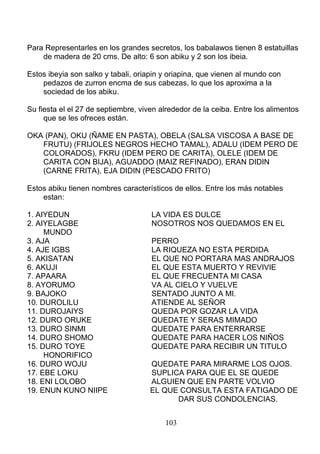 Para Representarles en los grandes secretos, los babalawos tienen 8 estatuillas
de madera de 20 cms. De alto: 6 son abiku y 2 son los ibeia.
Estos ibeyia son salko y tabali, oriapin y oriapina, que vienen al mundo con
pedazos de zurron encma de sus cabezas, lo que los aproxima a la
sociedad de los abiku.
Su fiesta el el 27 de septiembre, viven alrededor de la ceiba. Entre los alimentos
que se les ofreces están.
OKA (PAN), OKU (ÑAME EN PASTA), OBELA (SALSA VISCOSA A BASE DE
FRUTU) (FRIJOLES NEGROS HECHO TAMAL), ADALU (IDEM PERO DE
COLORADOS), FKRU (IDEM PERO DE CARITA), OLELE (IDEM DE
CARITA CON BIJA), AGUADDO (MAIZ REFINADO), ERAN DIDIN
(CARNE FRITA), EJA DIDIN (PESCADO FRITO)
Estos abiku tienen nombres característicos de ellos. Entre los más notables
estan:
1. AIYEDUN LA VIDA ES DULCE
2. AIYELAGBE NOSOTROS NOS QUEDAMOS EN EL
MUNDO
3. AJA PERRO
4. AJE IGBS LA RIQUEZA NO ESTA PERDIDA
5. AKISATAN EL QUE NO PORTARA MAS ANDRAJOS
6. AKUJI EL QUE ESTA MUERTO Y REVIVIE
7. APAARA EL QUE FRECUENTA MI CASA
8. AYORUMO VA AL CIELO Y VUELVE
9. BAJOKO SENTADO JUNTO A MI.
10. DUROLILU ATIENDE AL SEÑOR
11. DUROJAIYS QUEDA POR GOZAR LA VIDA
12. DURO ORUKE QUEDATE Y SERAS MIMADO
13. DURO SINMI QUEDATE PARA ENTERRARSE
14. DURO SHOMO QUEDATE PARA HACER LOS NIÑOS
15. DURO TOYE QUEDATE PARA RECIBIR UN TITULO
HONORIFICO
16. DURO WOJU QUEDATE PARA MIRARME LOS OJOS.
17. EBE LOKU SUPLICA PARA QUE EL SE QUEDE
18. ENI LOLOBO ALGUIEN QUE EN PARTE VOLVIO
19. ENUN KUNO NIIPE EL QUE CONSULTA ESTA FATIGADO DE
DAR SUS CONDOLENCIAS.
103
 