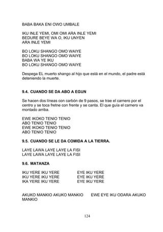 BABA BAKA ENI OWO UMBALE
IKU INLE YEMI, OMI OMI ARA INLE YEMI
BEDURE BEYE WA O, IKU UNYEN
ARA INLE YEMI
BO LOKU SHANGO OMO WAIYE
BO LOKU SHANGO OMO WAIYE
BABA WA YE IKU
BO LOKU SHANGO OMO WAIYE
Despega EL muerto shango al hijo que está en el mundo, el padre está
deteniendo la muerte.
9.4. CUANDO SE DA ABO A EGUN
Se hacen dos líneas con carbón de 9 pasos, se trae el carnero por el
centro y se toca fretne con frente y se canta. El que guía el carnero va
montado arriba.
EWE IKOKO TENIO TENIO
ABO TENIO TENIO
EWE IKOKO TENIO TENIO
ABO TENIO TENIO
9.5. CUANDO SE LE DA COMIDA A LA TIERRA.
LAYE LAWA LAYE LAYE LA FISI
LAYE LAWA LAYE LAYE LA FISI
9.6. MATANZA
IKU YERE IKU YERE EYE IKU YERE
IKU YERE IKU YERE EYE IKU YERE
IKA YERE IKU YERE EYE IKU YERE
AKUKO MANKIO AKUKO MANKIO EWE EYE IKU ODARA AKUKO
MANKIO
124
 