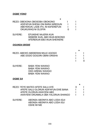 OGBE YONO
+
REZO: OBEXONA OBOSOBA OBOKONO I I
ADIFAFUN SHENA ONI BARA NIREGUN I I
ABEYEKUN, LADE IFA, NI KAFEREFUN I I
OKUKUWAQ NI OLOFIN 0 I
SUYERE: EFUNSHE NAJERA KUN
SEBERE KUN, ABO IKUN BOKONO
AFEREKUN EBO IKUN SHEWERE
OGUNDA BIODE
+
REZO: ABEWO ABEBERAN MULE AGOGO I I
ABE DODO GOGORI OBINI ORISHA I I
I I
I 0
SUYERE: BABA YENI WAWAO
BABA YENI WAWAO
ODO AREMU WAWAO
BABA YENI WAWAO
OGBE SA
+
REZO: YEYE MATEO AFEFE SALU AYE 0 I
AFEFE SALU OLORUN ADIFAFUN EWE BANA I I
AFEFE OLORUN AWAYENI ABO I I
AWAYENI ORUNMILA OBA YALORUN SHANGO I I
SUYERE: ABONSA ABONIYA ABO LODA IGUI
ABONSA ABONIYA ABO LODA IGU
OSHE MI NIE
188
 