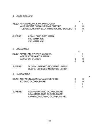 4. BABA ODI MEJI
+
REZO: ASHAMARUMA KIMA IKU KODIMA I I
ANO KODIMA SHENKUERIMA OBATIKO 0 0
TUBALE ADIFAFUN ELLA TUTO KODIMO LORUBO 0 0
I I
SUYERE: ADIMU DIMO DIRE MAMA
YIKI MAMA KIKI
YIKI MAMA KIKI
5. IROSO MEJI
+
REZO: APARITANI AWANTA LA OSHA I I
ABEBE KORINA KOSI MADA I I
ADIFAFUN OLOKUN 0 0
0 0
SUYERE: OLOFIN LOREYEO MODUPUE LORUN
OLOFIN LOREYEO MOKUPUE LORUN
6. OJUANI MEJI
+
REZO: ADIFAFUN AGANGARA ADELEPEKO 0 0
KO OMO OLORDUMARE 0 0
I I
I I
SUYERE: AGANGARA OMO OLORDUMARE
AGANGARA OMO OLORDUMARE
ARIKU LOWAO OMO OLORDUMARE
195
 