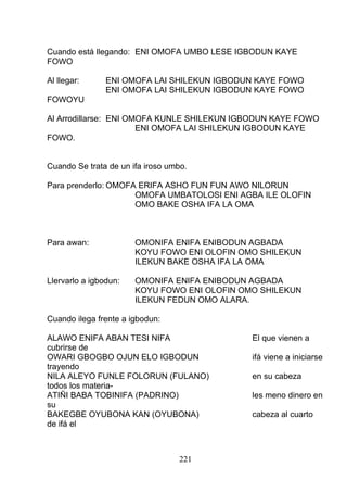 Cuando está llegando: ENI OMOFA UMBO LESE IGBODUN KAYE
FOWO
Al llegar: ENI OMOFA LAI SHILEKUN IGBODUN KAYE FOWO
ENI OMOFA LAI SHILEKUN IGBODUN KAYE FOWO
FOWOYU
Al Arrodillarse: ENI OMOFA KUNLE SHILEKUN IGBODUN KAYE FOWO
ENI OMOFA LAI SHILEKUN IGBODUN KAYE
FOWO.
Cuando Se trata de un ifa iroso umbo.
Para prenderlo: OMOFA ERIFA ASHO FUN FUN AWO NILORUN
OMOFA UMBATOLOSI ENI AGBA ILE OLOFIN
OMO BAKE OSHA IFA LA OMA
Para awan: OMONIFA ENIFA ENIBODUN AGBADA
KOYU FOWO ENI OLOFIN OMO SHILEKUN
ILEKUN BAKE OSHA IFA LA OMA
Llervarlo a igbodun: OMONIFA ENIFA ENIBODUN AGBADA
KOYU FOWO ENI OLOFIN OMO SHILEKUN
ILEKUN FEDUN OMO ALARA.
Cuando ilega frente a igbodun:
ALAWO ENIFA ABAN TESI NIFA El que vienen a
cubrirse de
OWARI GBOGBO OJUN ELO IGBODUN ifá viene a iniciarse
trayendo
NILA ALEYO FUNLE FOLORUN (FULANO) en su cabeza
todos los materia-
ATIÑI BABA TOBINIFA (PADRINO) les meno dinero en
su
BAKEGBE OYUBONA KAN (OYUBONA) cabeza al cuarto
de ifá el
221
 