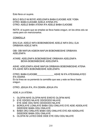 Esto lleva un suyere.
BOLO BOLO NI BOYE ADELENIFA BABA EJIOGBE ADE YOBA
OTRO: BABA EJIOGBE ADELE ATENA IFA
OTRO: ADELE BABA ATENA IFA ADELE BABA EJIOGBE
NOTA: el suyere que se emplee se lleva hasta oragun, en los otros odu se
canta pero sin mencionarlos.
COMIDILLA
EKU EJA: ADELE NIFA BOBONIBOSHE ADELE NIFA EKU, EJA
ORIBAWA ADELE NIFA
OBI: OBI MAFUN AGBON MAFUN BOBONIBOSHE ORIBAWA
ADELENIFA
ATARE: ADELENIFA BOBONIBOSHE ORIBAWA ADELENIFA
BEWA BOBONIBOSHE ADELENIFA
ASHE: ADELENIFA ASHE MAFUN ORIBAWA BOBONIBOSHE ATENA
IFA ASHE NIFA BOBONIBOSHE ADELENIFA
OTRO: BABA EJIOGBE_____________ ASHE NI IFA ATEWANILAYEO
IFA ODARA
En la línea se va poniendo la comidilla que sea y este se lleva hasta
oragun.
OTRO: JEKUA IFA, IFA ODARA JEKUA IFA
ADIE A LA ATENA:
1- OLOFIN NIYE OLOFIN NIYE EWEYE OLOFIN NIYE
2- EYE ODODO NILAYE ODODODO NILAYE
EYE ADIE ODU NIYE ODODODO NILAYE
3- BOROLAYE LONILAYE BABA ODU ONILAYE EYE ADIE ADIDILAYE
DIDEDIDE BABA ODU ONILAYE
4- BABA OKU ONILAYE BABA ODU ONILAYE EYE ADI ADIDILAYE
DIDEDIDE BABA ODU ONILAYE
5- OLOFIN NI LAYEO DIDE DIDE EYE ODU ODU NILAYE
235
 