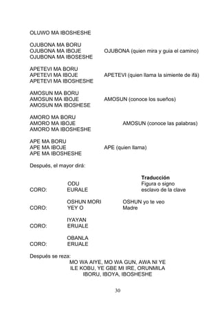 OLUWO MA IBOSHESHE
OJUBONA MA BORU
OJUBONA MA IBOJE OJUBONA (quien mira y guia el camino)
OJUBONA MA IBOSESHE
APETEVI MA BORU
APETEVI MA IBOJE APETEVI (quien llama la simiente de ifá)
APETEVI MA IBOSHESHE
AMOSUN MA BORU
AMOSUN MA IBOJE AMOSUN (conoce los sueños)
AMOSUN MA IBOSHESE
AMORO MA BORU
AMORO MA IBOJE AMOSUN (conoce las palabras)
AMORO MA IBOSHESHE
APE MA BORU
APE MA IBOJE APE (quien llama)
APE MA IBOSHESHE
Después, el mayor dirá:
Traducción
ODU Figura o signo
CORO: EURALE esclavo de la clave
OSHUN MORI OSHUN yo te veo
CORO: YEY O Madre
IYAYAN
CORO: ERUALE
OBANLA
CORO: ERUALE
Después se reza:
MO WA AIYE, MO WA GUN, AWA NI YE
ILE KOBU, YE GBE MI IRE, ORUNMILA
IBORU, IBOYA, IBOSHESHE
30
 