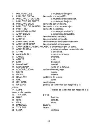 8. IKU XIMU LULE la muerte por colapso.
9. IKU LESE ELEDA la muerte por su yo ORI.
10. IKU LOWO OTEARAYE la muerte por conspiración.
11. IKU LOWO IKA ARAYE la muerte por brujería.
12. IKU LOWO EGUN la muerte por un muerto.
13. IKU LOWO OKUNI/OBINI la muerte por hombre o mujer.
14. IKU FITIBO la muerte inesperada
15. IKU INTORI SHEPE la muerte por maldición.
16. ARUN EDIMO la enfermedad incurable.
17. ARUN NA la enfermedad instalada.
18. ARUN DI la enfermedad congénita.
19. ARUN TIKU SARA la enfermedad o malestar indefinido.
20. ARUN LESE OSHA la enfermedad por un santo.
21. ARUN LESE ALALEYO ANUGBO la enfermedad por un santo.
22. ARUN ELIOSA la enfermedad por desobediencia.
23. AIYAN la ansiedad.
24. AMALA BUDU las murmuraciones.
25. AKOBA embrollo.
26. ARUIYE susto.
27. EYO discusión.
28. IKA ARAYE maldad.
29. IGBAMBADA revés en la fortuna.
30. ADAGUROJIONA catástrofe en el juego.
31. IBERU miedo.
32. IPONJU miseria.
33. OPA LAYE problema de justicia.
34. OMU celos.
35. ONI IBERU nerviosismo
36. ONILARA pérdida de la libertad con respecto a la
justicia.
37. AVIAL Pérdida de la libertad con respecto a la
mora, social, pasión
38. TIYA TIYA Broca.
39. DALE Traición.
40. OFO pérdida.
41. ONA azote.
42. BANGULA brujería.
43. TIYA TIJA broma
44. EGBA parálisis
34
 