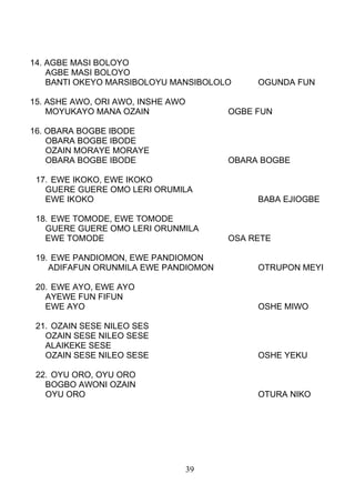 14. AGBE MASI BOLOYO
AGBE MASI BOLOYO
BANTI OKEYO MARSIBOLOYU MANSIBOLOLO OGUNDA FUN
15. ASHE AWO, ORI AWO, INSHE AWO
MOYUKAYO MANA OZAIN OGBE FUN
16. OBARA BOGBE IBODE
OBARA BOGBE IBODE
OZAIN MORAYE MORAYE
OBARA BOGBE IBODE OBARA BOGBE
17. EWE IKOKO, EWE IKOKO
GUERE GUERE OMO LERI ORUMILA
EWE IKOKO BABA EJIOGBE
18. EWE TOMODE, EWE TOMODE
GUERE GUERE OMO LERI ORUNMILA
EWE TOMODE OSA RETE
19. EWE PANDIOMON, EWE PANDIOMON
ADIFAFUN ORUNMILA EWE PANDIOMON OTRUPON MEYI
20. EWE AYO, EWE AYO
AYEWE FUN FIFUN
EWE AYO OSHE MIWO
21. OZAIN SESE NILEO SES
OZAIN SESE NILEO SESE
ALAIKEKE SESE
OZAIN SESE NILEO SESE OSHE YEKU
22. OYU ORO, OYU ORO
BOGBO AWONI OZAIN
OYU ORO OTURA NIKO
39
 