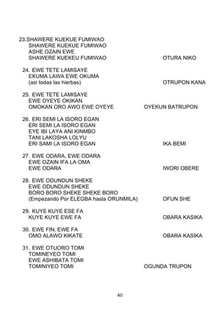 23.SHAWERE KUEKUE FUMIWAO
SHAWERE KUEKUE FUMIWAO
ASHE OZAIN EWE
SHAWERE KUEKEU FUMIWAO OTURA NIKO
24. EWE TETE LAMISAYE
EKUMA LAWA EWE OKUMA
(asi todas las hierbas) OTRUPON KANA
25. EWE TETE LAMISAYE
EWE OYEYE OKIKAN
OMOKAN ORO AWO EWE OYEYE OYEKUN BATRUPON
26. ERI SEMI LA ISORO EGAN
ERI SEMI LA ISORO EGAN
EYE IBI LAYA ANI KINMBO
TANI LAKOSHA LOLYU
ERI SAMI LA ISORO EGAN IKA BEMI
27. EWE ODARA, EWE ODARA
EWE OZAIN IFA LA OMA
EWE ODARA IWORI OBERE
28. EWE ODUNDUN SHEKE
EWE ODUNDUN SHEKE
BORO BORO SHEKE SHEKE BORO
(Empezando Por ELEGBA hasta ORUNMILA) OFUN SHE
29. KUYE KUYE ESE FA
KUYE KUYE EWE FA OBARA KASIKA
30. EWE FIN, EWE FA
OMO ALAWO KIKATE OBARA KASIKA
31. EWE OTUORO TOMI
TOMINEYEO TOMI
EWE ASHIBATA TOMI
TOMINIYEO TOMI OGUNDA TRUPON
40
 