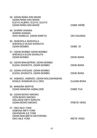 48. OZAIN ÑAÑA KINI MAWE
OZAIN ÑAÑA KINI MAWE
ELEYO ALBRIO, ELEYO, ELEYO
OZAIN ÑAÑA KINI MAWE OGBE WEÑE
49. SHIRIRI WANWA
SHIRIRI WANWA
AWO NAMEUO, OZAIN KIMEYO ODI OGUNDA
50. ISHEWOLA ISHEWOLA
SHEWOLA WLENI SHOKUTA
OZAIN BOMBO OGBE DI
51. OZAIN BOMBO OZAIN BOMBO
SHEWOLA ELENI SHOKUTA
OZAIN BOMBO OSHE BARA
52. OZAIN BAKUEPEMI, OZAIN BOMBO
ELENU SHOKOTA, OZAIN BOMBO OSHE BARA
53. OZAIN AYEGUNI. OZAIN BOMBO
ELENU SHOKOTA, OZAIN BOMBO OSHE BARA
54. AGBADO, AGBADO, OZAIN MOLOSHINSHIN
KOSILE SHINSHIN OLU ORO OJUANI BOKA
55. MAMURA MOFIYE
OZAIN MAMURA AGBALODE OGBE TUA
56. OZAIN BOWO NIKOKO
OZIN BOWO NIKOKO
WALASHE MEYI SOKUTA
OZAIN BOWO NIKOKO ITRETE YERO
57. OKO INLE YOMI
AGBONA MEYI YOMI
OSHINSHIN ILE YOMI
OZAIN BAKUBEYA MAYOROBA
OKO INLE YOMI IRETE YERO
43
 