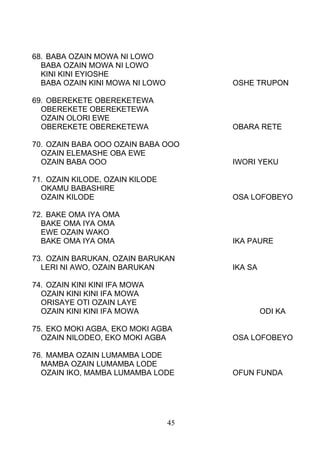 68. BABA OZAIN MOWA NI LOWO
BABA OZAIN MOWA NI LOWO
KINI KINI EYIOSHE
BABA OZAIN KINI MOWA NI LOWO OSHE TRUPON
69. OBEREKETE OBEREKETEWA
OBEREKETE OBEREKETEWA
OZAIN OLORI EWE
OBEREKETE OBEREKETEWA OBARA RETE
70. OZAIN BABA OOO OZAIN BABA OOO
OZAIN ELEMASHE OBA EWE
OZAIN BABA OOO IWORI YEKU
71. OZAIN KILODE, OZAIN KILODE
OKAMU BABASHIRE
OZAIN KILODE OSA LOFOBEYO
72. BAKE OMA IYA OMA
BAKE OMA IYA OMA
EWE OZAIN WAKO
BAKE OMA IYA OMA IKA PAURE
73. OZAIN BARUKAN, OZAIN BARUKAN
LERI NI AWO, OZAIN BARUKAN IKA SA
74. OZAIN KINI KINI IFA MOWA
OZAIN KINI KINI IFA MOWA
ORISAYE OTI OZAIN LAYE
OZAIN KINI KINI IFA MOWA ODI KA
75. EKO MOKI AGBA, EKO MOKI AGBA
OZAIN NILODEO, EKO MOKI AGBA OSA LOFOBEYO
76. MAMBA OZAIN LUMAMBA LODE
MAMBA OZAIN LUMAMBA LODE
OZAIN IKO, MAMBA LUMAMBA LODE OFUN FUNDA
45
 