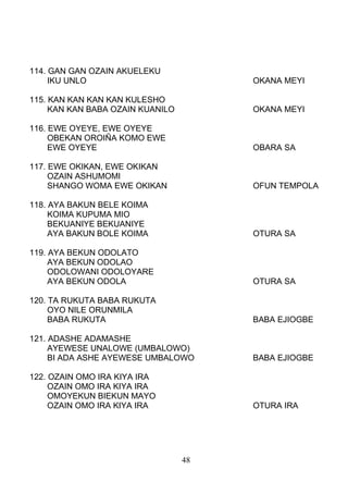 114. GAN GAN OZAIN AKUELEKU
IKU UNLO OKANA MEYI
115. KAN KAN KAN KAN KULESHO
KAN KAN BABA OZAIN KUANILO OKANA MEYI
116. EWE OYEYE, EWE OYEYE
OBEKAN OROIÑA KOMO EWE
EWE OYEYE OBARA SA
117. EWE OKIKAN, EWE OKIKAN
OZAIN ASHUMOMI
SHANGO WOMA EWE OKIKAN OFUN TEMPOLA
118. AYA BAKUN BELE KOIMA
KOIMA KUPUMA MIO
BEKUANIYE BEKUANIYE
AYA BAKUN BOLE KOIMA OTURA SA
119. AYA BEKUN ODOLATO
AYA BEKUN ODOLAO
ODOLOWANI ODOLOYARE
AYA BEKUN ODOLA OTURA SA
120. TA RUKUTA BABA RUKUTA
OYO NILE ORUNMILA
BABA RUKUTA BABA EJIOGBE
121. ADASHE ADAMASHE
AYEWESE UNALOWE (UMBALOWO)
BI ADA ASHE AYEWESE UMBALOWO BABA EJIOGBE
122. OZAIN OMO IRA KIYA IRA
OZAIN OMO IRA KIYA IRA
OMOYEKUN BIEKUN MAYO
OZAIN OMO IRA KIYA IRA OTURA IRA
48
 