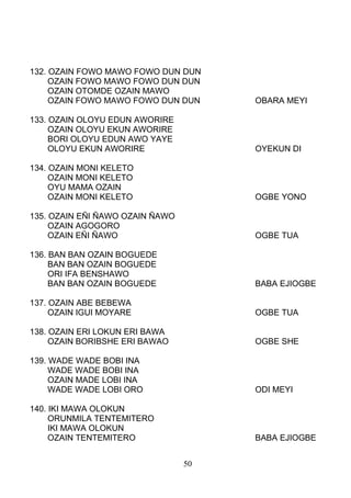 132. OZAIN FOWO MAWO FOWO DUN DUN
OZAIN FOWO MAWO FOWO DUN DUN
OZAIN OTOMDE OZAIN MAWO
OZAIN FOWO MAWO FOWO DUN DUN OBARA MEYI
133. OZAIN OLOYU EDUN AWORIRE
OZAIN OLOYU EKUN AWORIRE
BORI OLOYU EDUN AWO YAYE
OLOYU EKUN AWORIRE OYEKUN DI
134. OZAIN MONI KELETO
OZAIN MONI KELETO
OYU MAMA OZAIN
OZAIN MONI KELETO OGBE YONO
135. OZAIN EÑI ÑAWO OZAIN ÑAWO
OZAIN AGOGORO
OZAIN EÑI ÑAWO OGBE TUA
136. BAN BAN OZAIN BOGUEDE
BAN BAN OZAIN BOGUEDE
ORI IFA BENSHAWO
BAN BAN OZAIN BOGUEDE BABA EJIOGBE
137. OZAIN ABE BEBEWA
OZAIN IGUI MOYARE OGBE TUA
138. OZAIN ERI LOKUN ERI BAWA
OZAIN BORIBSHE ERI BAWAO OGBE SHE
139. WADE WADE BOBI INA
WADE WADE BOBI INA
OZAIN MADE LOBI INA
WADE WADE LOBI ORO ODI MEYI
140. IKI MAWA OLOKUN
ORUNMILA TENTEMITERO
IKI MAWA OLOKUN
OZAIN TENTEMITERO BABA EJIOGBE
50
 