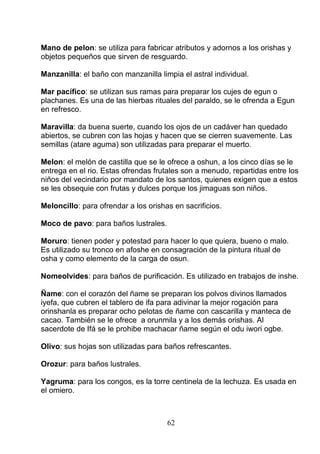 Mano de pelon: se utiliza para fabricar atributos y adornos a los orishas y
objetos pequeños que sirven de resguardo.
Manzanilla: el baño con manzanilla limpia el astral individual.
Mar pacífico: se utilizan sus ramas para preparar los cujes de egun o
plachanes. Es una de las hierbas rituales del paraldo, se le ofrenda a Egun
en refresco.
Maravilla: da buena suerte, cuando los ojos de un cadáver han quedado
abiertos, se cubren con las hojas y hacen que se cierren suavemente. Las
semillas (atare aguma) son utilizadas para preparar el muerto.
Melon: el melón de castilla que se le ofrece a oshun, a los cinco días se le
entrega en el rio. Estas ofrendas frutales son a menudo, repartidas entre los
niños del vecindario por mandato de los santos, quienes exigen que a estos
se les obsequie con frutas y dulces porque los jimaguas son niños.
Meloncillo: para ofrendar a los orishas en sacrificios.
Moco de pavo: para baños lustrales.
Moruro: tienen poder y potestad para hacer lo que quiera, bueno o malo.
Es utilizado su tronco en afoshe en consagración de la pintura ritual de
osha y como elemento de la carga de osun.
Nomeolvides: para baños de purificación. Es utilizado en trabajos de inshe.
Ñame: con el corazón del ñame se preparan los polvos divinos llamados
iyefa, que cubren el tablero de ifa para adivinar la mejor rogación para
orinshanla es preparar ocho pelotas de ñame con cascarilla y manteca de
cacao. También se le ofrece a orunmila y a los demás orishas. Al
sacerdote de Ifá se le prohibe machacar ñame según el odu iwori ogbe.
Olivo: sus hojas son utilizadas para baños refrescantes.
Orozur: para baños lustrales.
Yagruma: para los congos, es la torre centinela de la lechuza. Es usada en
el omiero.
62
 