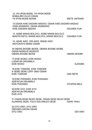 12. IYA IPON MODE, IYA IPON MODE
BOBALIÑO OLUO OSAIN
YA IPON MODE MOWE IRETE UNTENDI
13.OSAIN AWE DADARA MADAO, OSAIN AWE DADARA MADAO
OSIN ADAMIWO, OSAIN ADAMAWO
AWE DADARA MADAO OGUNDA FUN
14. AGBE MANSI BOLOYU, AGBE MANSI BOLOLO
BANTIO KEYO, MANSI BOLOYU, MANSI BOLOLO OGUNDA FUN
15. ASHE AWO, ORI AWO, INSHE AWO
MOYUKAYO MAMA OSAIN
16.OBARA BOGBE IBODE, OBARA BOGBE IDOBE
OSAIN MORAYE MORAYE
OBARA BOGBE IBODE OBARA BOGBE
17.EWE IKOKO, EWE IKOKO
LODAFUN ORUNMILA
EWE IKOKO EJIOGBE
18.EWE TOMODE, EWE TOMODE
A GERE GERE LERY OMO OSAIN
EWE TOMODE OSA RETE
19.EWE PODIAMO, EWE PODIAMO
ADIFAFUN ORUNMILA
EWE PODIAMO OTUPON MEJI
20.EWE AYO, EWE AYO
ADIFAFUN ORUNMILA
EWE AYO
21.OSAIN SESE NILEO SESE, OSAIN SESE NILEO SESE
ALAIKEKE SESE, FOLO DOLONILEO SESE OSHE YEKU
22.OYU ORO, OYU ORO
GBOGBO AWONI OSAIN
OYU ORO ODI ORO
76
 