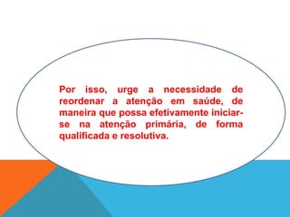 Por isso, urge a necessidade de
reordenar a atenção em saúde, de
maneira que possa efetivamente iniciar-
se na atenção primária, de forma
qualificada e resolutiva.
 