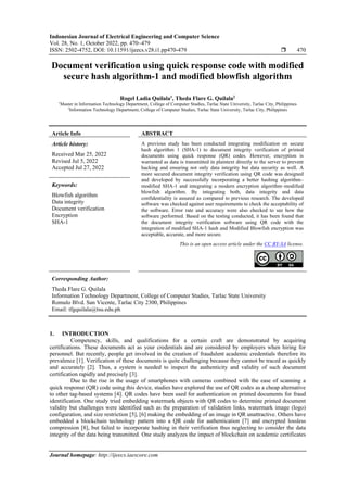 Document verification using quick response code with modified secure ...