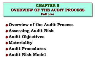 CHAPTER 5 OVERVIEW OF THE AUDIT PROCESS Fall  2007 ,[object Object],[object Object],[object Object],[object Object],[object Object],[object Object]