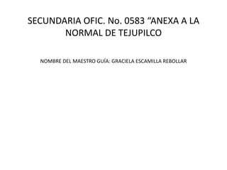 SECUNDARIA OFIC. No. 0583 “ANEXA A LA
       NORMAL DE TEJUPILCO

  NOMBRE DEL MAESTRO GUÍA: GRACIELA ESCAMILLA REBOLLAR
 