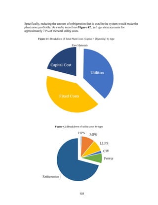 101
Specifically, reducing the amount of refrigeration that is used in the system would make the
plant more profitable. As can be seen from Figure 42, refrigeration accounts for
approximately 71% of the total utility costs.
Figure 41: Breakdown of Total Plant Costs (Capital + Operating) by type
Figure 42: Breakdown of utility costs by type
 