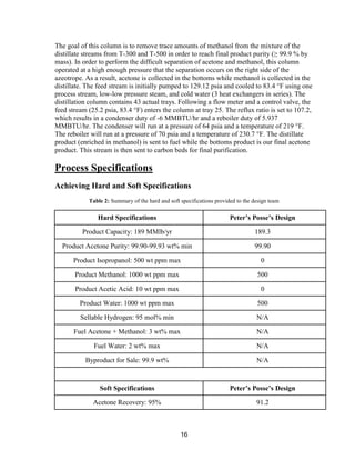 16
The goal of this column is to remove trace amounts of methanol from the mixture of the
distillate streams from T-300 and T-500 in order to reach final product purity (≥ 99.9 % by
mass). In order to perform the difficult separation of acetone and methanol, this column
operated at a high enough pressure that the separation occurs on the right side of the
azeotrope. As a result, acetone is collected in the bottoms while methanol is collected in the
distillate. The feed stream is initially pumped to 129.12 psia and cooled to 83.4 °F using one
process stream, low-low pressure steam, and cold water (3 heat exchangers in series). The
distillation column contains 43 actual trays. Following a flow meter and a control valve, the
feed stream (25.2 psia, 83.4 °F) enters the column at tray 25. The reflux ratio is set to 107.2,
which results in a condenser duty of -6 MMBTU/hr and a reboiler duty of 5.937
MMBTU/hr. The condenser will run at a pressure of 64 psia and a temperature of 219 °F.
The reboiler will run at a pressure of 70 psia and a temperature of 230.7 °F. The distillate
product (enriched in methanol) is sent to fuel while the bottoms product is our final acetone
product. This stream is then sent to carbon beds for final purification.
Process Specifications
Achieving Hard and Soft Specifications
Table 2: Summary of the hard and soft specifications provided to the design team
Hard Specifications Peter’s Posse’s Design
Product Capacity: 189 MMlb/yr 189.3
Product Acetone Purity: 99.90-99.93 wt% min 99.90
Product Isopropanol: 500 wt ppm max 0
Product Methanol: 1000 wt ppm max 500
Product Acetic Acid: 10 wt ppm max 0
Product Water: 1000 wt ppm max 500
Sellable Hydrogen: 95 mol% min N/A
Fuel Acetone + Methanol: 3 wt% max N/A
Fuel Water: 2 wt% max N/A
Byproduct for Sale: 99.9 wt% N/A
Soft Specifications Peter’s Posse’s Design
Acetone Recovery: 95% 91.2
 
