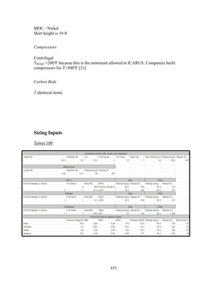 171
MOC - Nickel
Skirt height is 10 ft
Compressors
Centrifugal
Tdesign =200o
F because this is the minimum allowed in ICARUS. Companies build
compressors for T>500o
F [21]
Carbon Beds
2 identical items
Sizing Inputs
Tower 100
 
