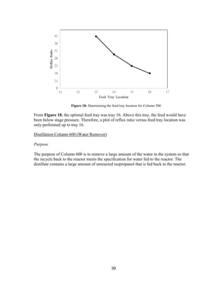 39
From Figure 18, the optimal feed tray was tray 16. Above this tray, the feed would have
been below stage pressure. Therefore, a plot of reflux ratio versus feed tray location was
only performed up to tray 16.
Distillation Column 600 (Water Remover)
Purpose
The purpose of Column 600 is to remove a large amount of the water in the system so that
the recycle back to the reactor meets the specification for water fed to the reactor. The
distillate contains a large amount of unreacted isopropanol that is fed back to the reactor.
Figure 18: Determining the feed tray location for Column 500
 