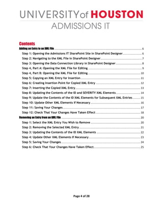 Page 4 of 28
Contents
Adding an Entry to an XML File ..................................................................................................................6
Step 1: Opening the Admissions IT SharePoint Site in SharePoint Designer.........................6
Step 2: Navigating to the XML File in SharePoint Designer......................................................7
Step 3: Opening the Data Connection Library in SharePoint Designer..................................8
Step 4, Part A: Opening the XML File for Editing ......................................................................9
Step 4, Part B: Opening the XML File for Editing.....................................................................10
Step 5: Copying an XML Entry for Insertion..............................................................................11
Step 6: Creating Insertion Point for Copied XML Entry ..........................................................12
Step 7: Inserting the Copied XML Entry.....................................................................................13
Step 8: Updating the Contents of the ID and SEVERITY XML Elements................................14
Step 9: Update the Contents of the ID XML Elements for Subsequent XML Entries ..........15
Step 10: Update Other XML Elements If Necessary.................................................................16
Step 11: Saving Your Changes.....................................................................................................17
Step 12: Check That Your Changes Have Taken Effect ..........................................................18
Removing an Entry from an XML File .......................................................................................................20
Step 1: Select the XML Entry You Wish to Remove .................................................................20
Step 2: Removing the Selected XML Entry................................................................................21
Step 3: Updating the Contents of the ID XML Elements .........................................................22
Step 4: Update Other XML Elements If Necessary ...................................................................23
Step 5: Saving Your Changes .......................................................................................................24
Step 6: Check That Your Changes Have Taken Effect.............................................................25
 