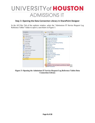 Page 8 of 28
Step 3: Opening the Data Connection Library in SharePoint Designer
In the All Files Tab of the explorer window, select the “Admissions IT Service Request Log
Reference Tables” folder to open it, seen below in Figure 3.
Figure 3: Opening the Admissions IT Service Request Log Reference Tables Data
Connection Library
 