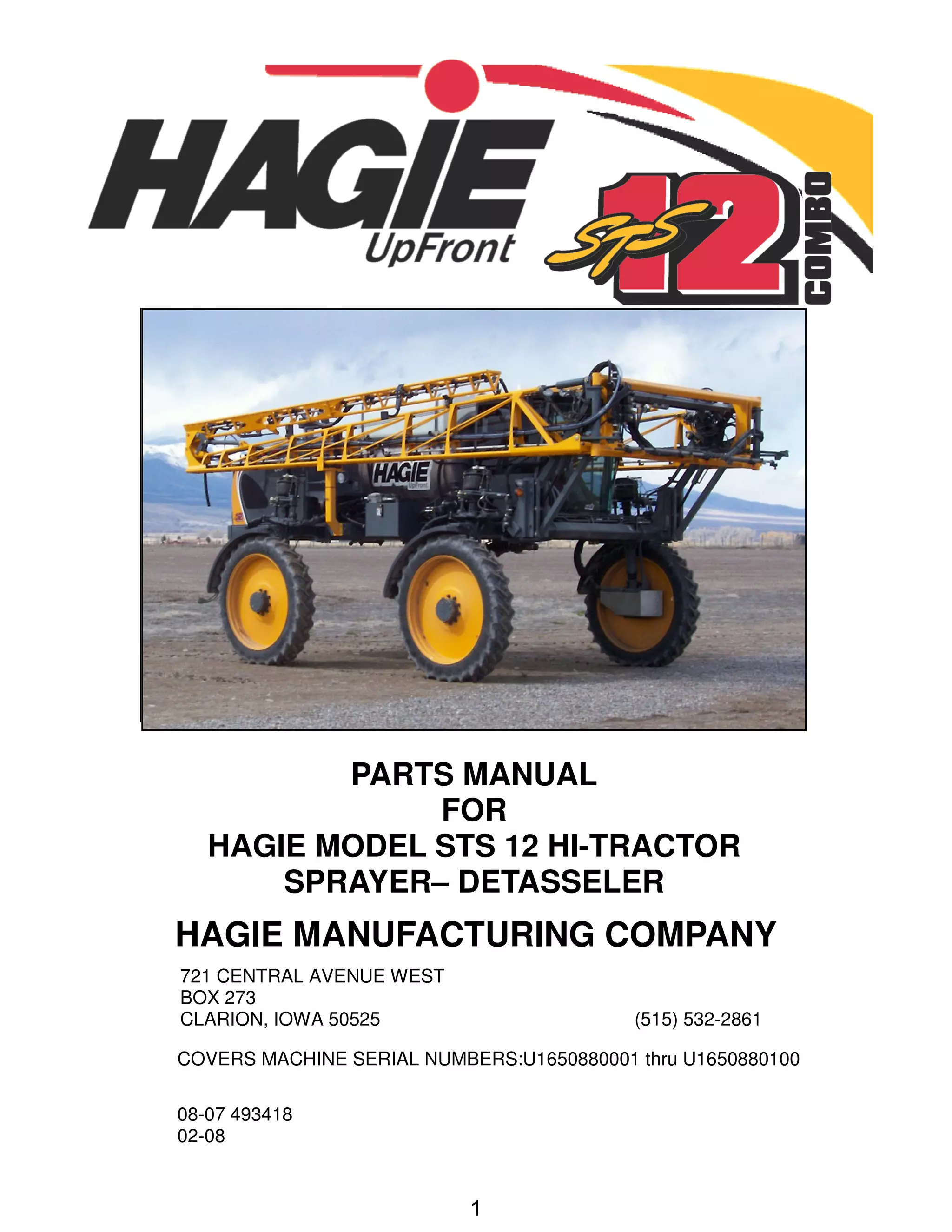 Hagie UPFront sts 12 combo parts manual 2008 PDF