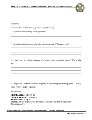 teaching social studies in elementary grades 1 culture and geography | DOCX