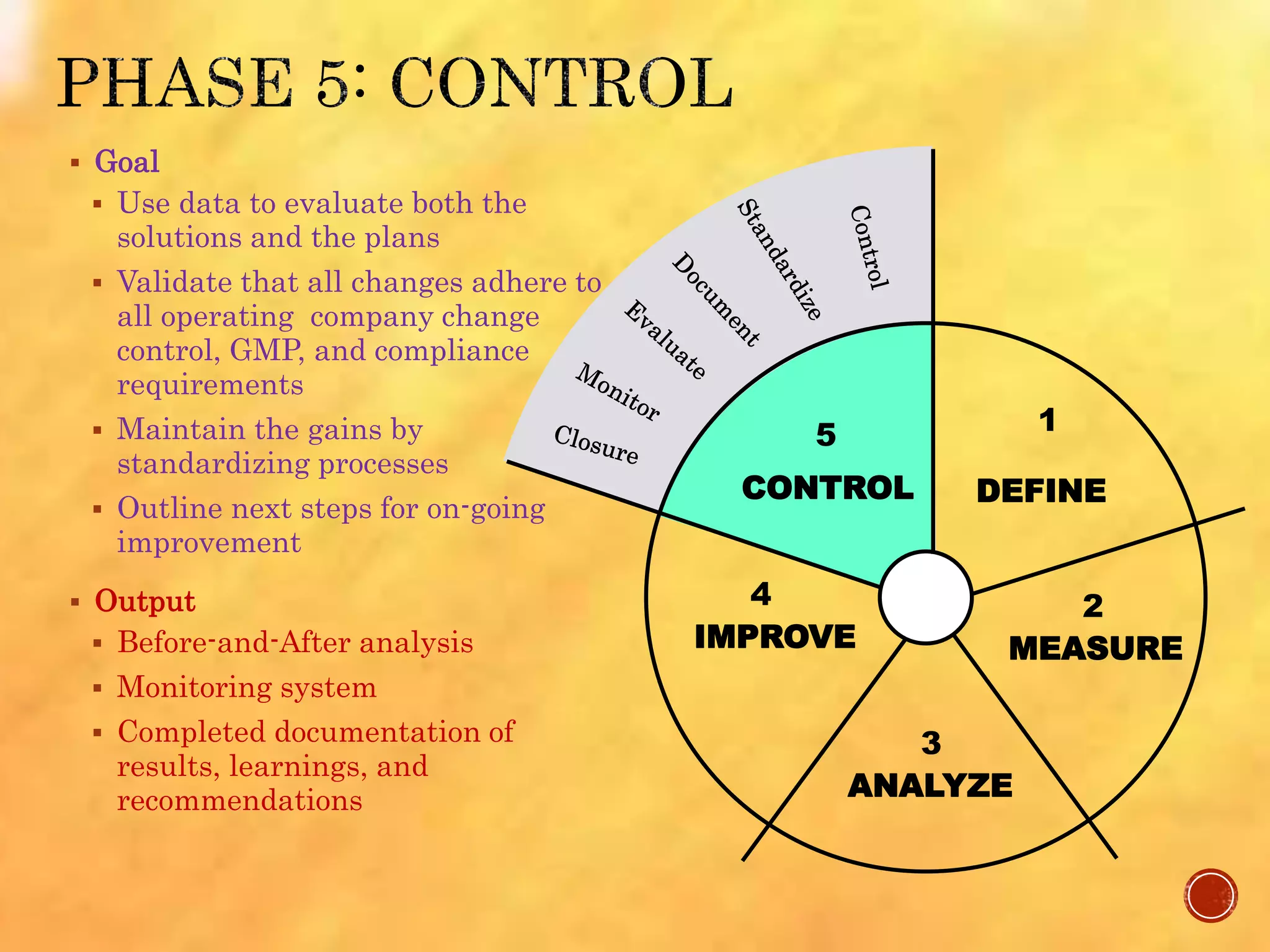  Goal
 Use data to evaluate both the
solutions and the plans
 Validate that all changes adhere to
all operating company change
control, GMP, and compliance
requirements
 Maintain the gains by
standardizing processes
 Outline next steps for on-going
improvement
 Output
 Before-and-After analysis
 Monitoring system
 Completed documentation of
results, learnings, and
recommendations
IMPROVE
CONTROL
MEASURE
ANALYZE
5
2
3
4
DEFINE
1
 