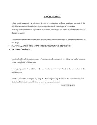 ACKNOWLEDGEMENT


  It is a great opportunity & pleasure for me to express my profound gratitude towards all the
  individuals who directly or indirectly contributed towards completion of this report.
  Working on this report was a great fun, excitement, challenges and a new exposure in the field of
  Human Resource.


  I am greatly indebted to under whose guidance and concern i am able to bring the report into its
  real shape.
 Mr.V.P.Singh (HRD, LUMAX INDUSTRIES LTD SIDCUL RUDRAPUR)
 Mr.Pawan Chaudhary




  I am thankful to all faculty members of management department in providing me useful guidance
  for the completion of this report.


  I convey my gratitude to all those who are directly or indirectly related in the completion of this
  project report.


  Finally I would be failing in my duty if I don't express my thanks to the respondents whom I
  visited and took their valuable time to answer my questionnaire.
                                                                     HARJEET KAUR
 