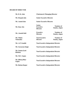BOARD OF DIRECTOR

      Mr. D. K. Jain       Chairman & Managing Director

      Mr. Deepak Jain      Senior Executive Director

      Mr. Anmol Jain       Senior Executive Director

                           Senior
                                                         Nominee of
      Mr. Ikuo Abe         Executive
                                                       Stanley, Japan
                           Director

                           Executive                     Nominee of
      Mr. Atsushi Ishii
                           Director                    Stanley, Japan

      Mr. Makio            Non-Executive                 Nominee of
      Natsusaka            Director                    Stanley, Japan

      Mr. A.P. Gandhi      Non-Executive Independent Director

      Mr. Gursaran Singh   Non-Executive Independent Director

      Mr. Suman Jyoti
                           Non-Executive Independent Director
      Khaitan

      Mr. M.C. Gupta       Non-Executive Independent Director

      Mr. Dhiraj Dhar
                           Non-Executive Independent Director
      Gupta

      Mr. Rattan Kapur     Non-Executive Independent Director
 