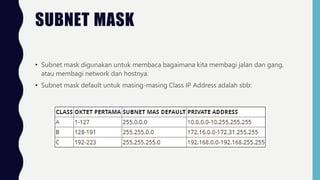 SUBNET MASK
• Subnet mask digunakan untuk membaca bagaimana kita membagi jalan dan gang,
atau membagi network dan hostnya.
• Subnet mask default untuk masing-masing Class IP Address adalah sbb:
 