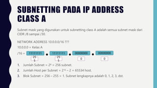 SUBNETTING PADA IP ADDRESS
CLASS A
Subnet mask yang digunakan untuk subnetting class A adalah semua subnet mask dari
CIDR /8 sampai /30.
NETWORK ADDRESS 10.0.0.0/16 ???
10.0.0.0 = Kelas A
/16 = 11111111 11111111 00000000 00000000
25 25
5 5
0 0
1. Jumlah Subnet = 28 = 256 subnet.
2. Jumlah Host per Subnet = 216 – 2 = 65534 host.
3. Blok Subnet = 256 – 255 = 1. Subnet lengkapnya adalah 0, 1, 2, 3, dst.
 