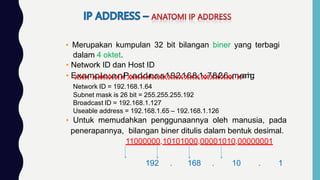 ▪ Merupakan kumpulan 32 bit bilangan biner yang terbagi
dalam 4 oktet.
▪ Network ID dan Host ID
▪ E
xx
xa
xm
xp
xl
xe
x:
xa
.
xn
xI
P
xx
a
xd
xd
xr
e
xs
.
xs
x
1
x9
x2
x.
1
x6
x8
x.
.
1
x.
x7
x8
x/
2
x6
x,
xm
xe
a
n
i
n
g
:
Network ID = 192.168.1.64
Subnet mask is 26 bit = 255.255.255.192
Broadcast ID = 192.168.1.127
Useable address = 192.168.1.65 – 192.168.1.126
▪ Untuk memudahkan penggunaannya oleh manusia, pada
penerapannya, bilangan biner ditulis dalam bentuk desimal.
11000000.10101000.00001010.00000001
192 . 168 . 10 . 1
 